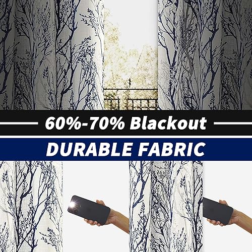 Miniatura 2 de DriftAway Cortinas opacas de mezcla de lino azul y blanco con ramas de árbol para dormitorio, 84 pulgadas de largo, con forro de ramas azules,