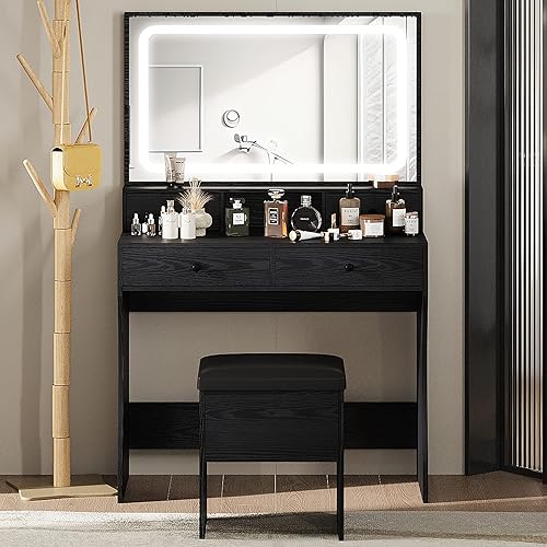 Miniatura 6 de IRONCK Juego de escritorio de tocador con espejo iluminado LED y toma de corriente, mesa de tocador de maquillaje con 4 cajones, taburete de