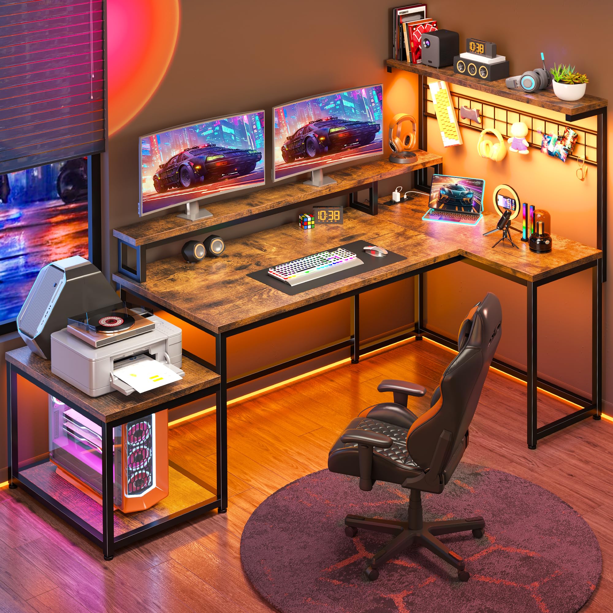 EnHomee 63" L Shaped Gaming Desk with LED Lights & Power Outlets,Reversible Corner Gaming Table with Storage Shelf & Hooks,Computer Desk with Monitor