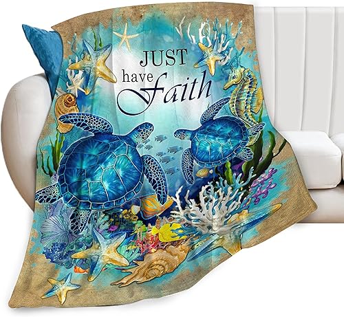 Manta de tortuga marina decorativa con diseño de tortuga, manta inspiradora con texto en inglés "Just Have Faith", regalos para niñas y niños, ropa