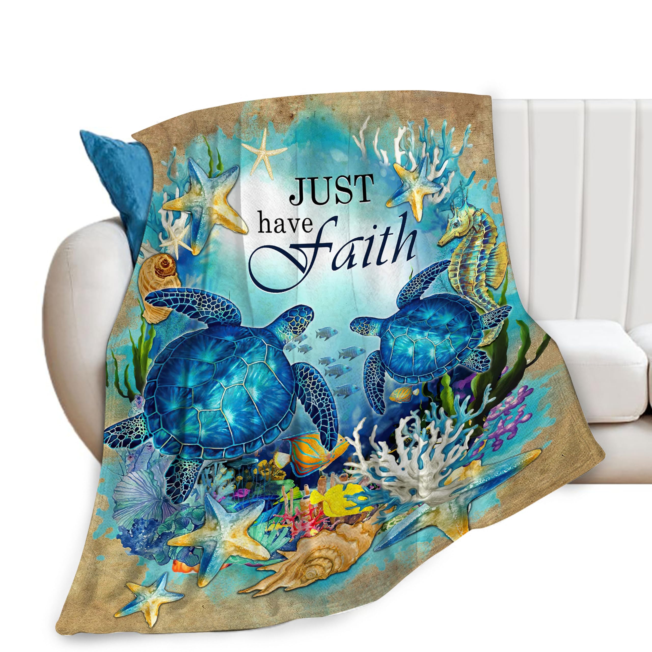 Sea Turtle Blanket Turtle Decor Throw Blanket Just Have Faith Inspirational Ocean Blanket Gifts for Girls Boys Winter Bedding Super Warm Soft Plush Fleece Flannel Blanket for Kids Adults Women 40