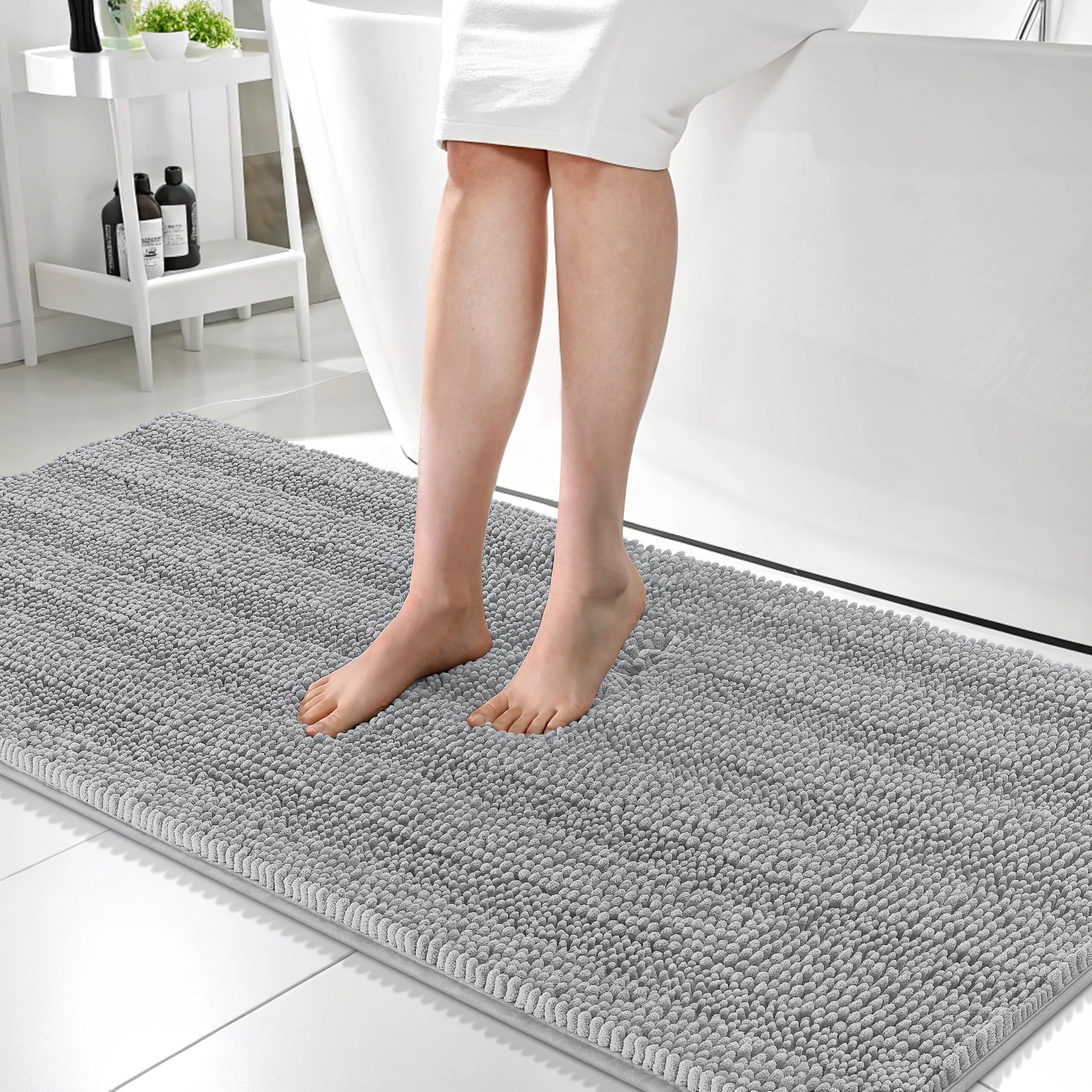 Photo 1 of OLANLY Thick Bathroom Runner Rugs 59x24, Absorbent Chenille Striped Bath Rugs, Rubber Backing, Machine Wash, Extra Long Bath Mats for Bathroom Floor, Tub and Shower, Home Decor Accessories, Light Grey