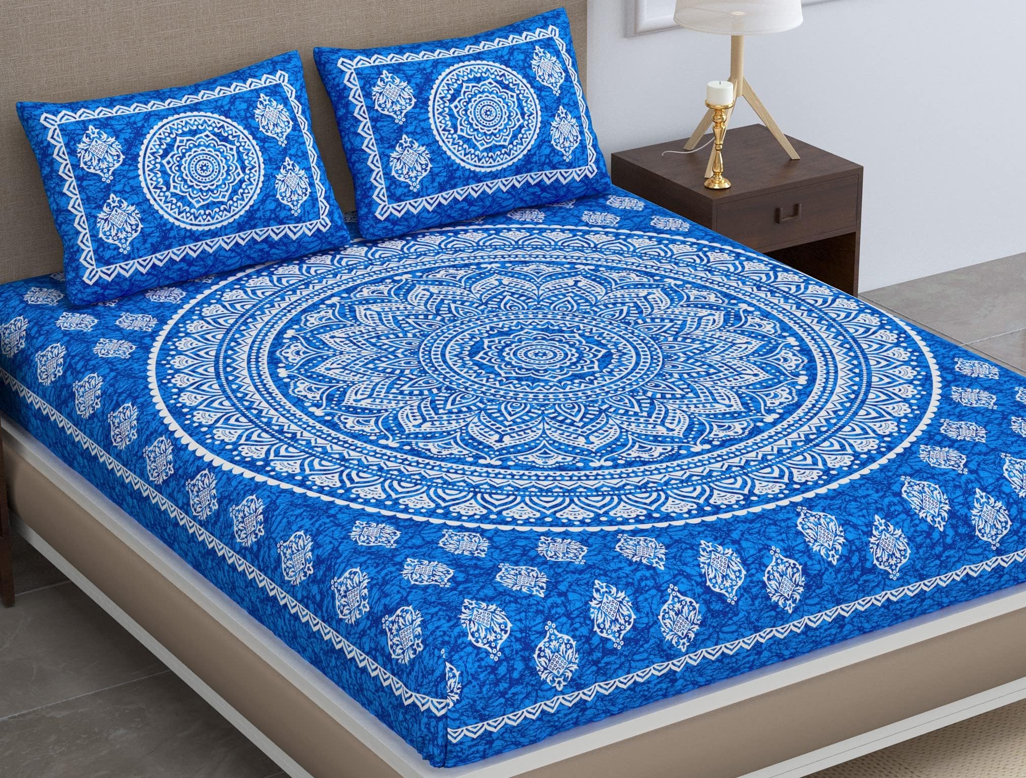 120 TC Cotton Blend Mandala Printed Jaipuri Bedsheet for Double Bed King Size with 2 Pillow Covers, Blue
