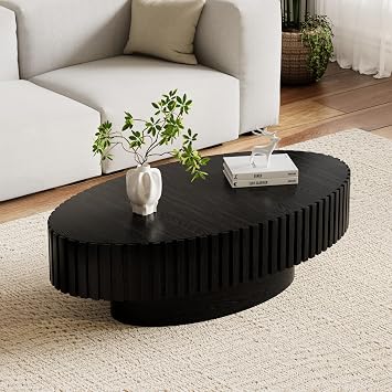 43" Oval Wood Coffee Table for Living Room Modern Handcraft Drum Coffee Table Wooden Elliptic Coffee Tea Table Center Table for Apartment Home Office, Easy Assembled Black