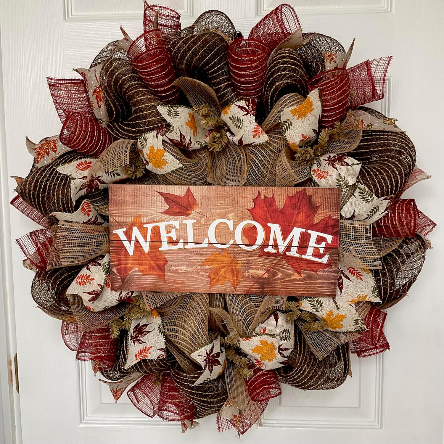 Autumn Leaves Welcome Wreath Handmade Deco Mesh Available in 24 inch and 28 inch diameters