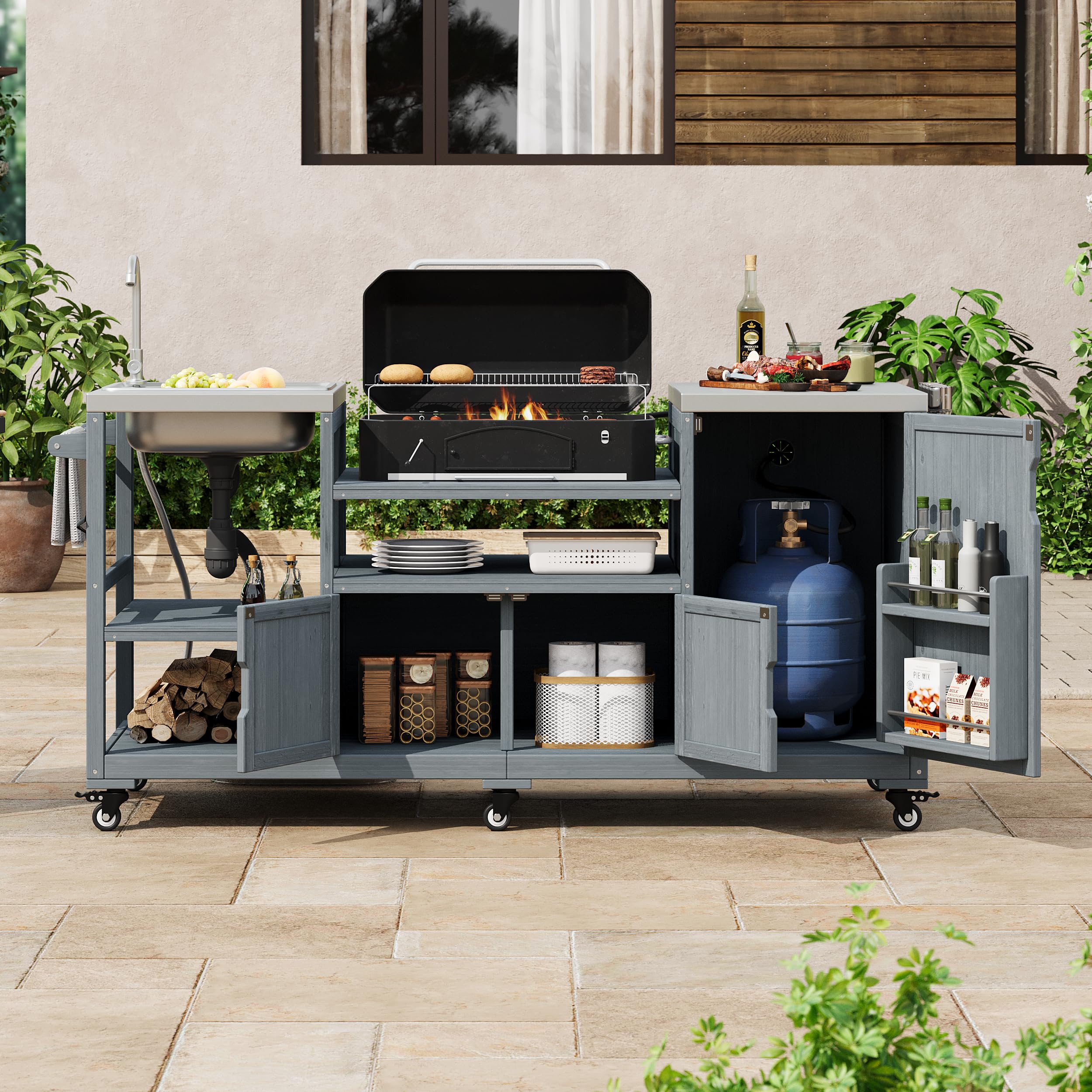 Merax 75.4" Outdoor Grill Table for Big Green Egg, Outdoor Grill Cart with Sink, Solid Wood Grill Station Prep Table with with Stainless Steel Tabletop and Storage for Pizza Prep &amp; BBQ,Grey Blue