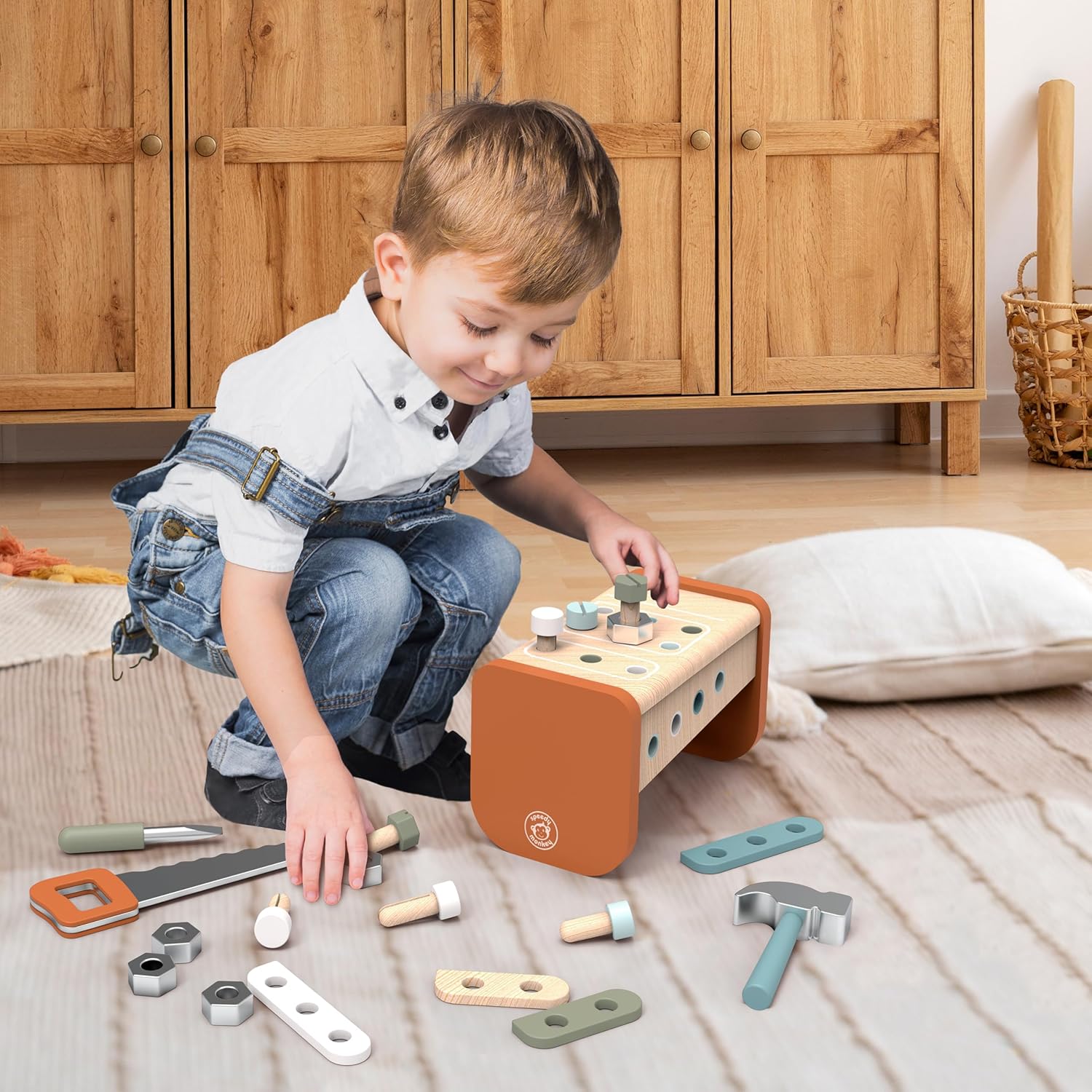 SPEEDY MONKEY 2-in-1 Wooden Tool Box Workbench – FSC Certified Pretend Play Workshop Set for Kids with Tools, Wrench, Hammer & Saw – Role Play Car & Construction Toy for Toddlers & Preschoolers