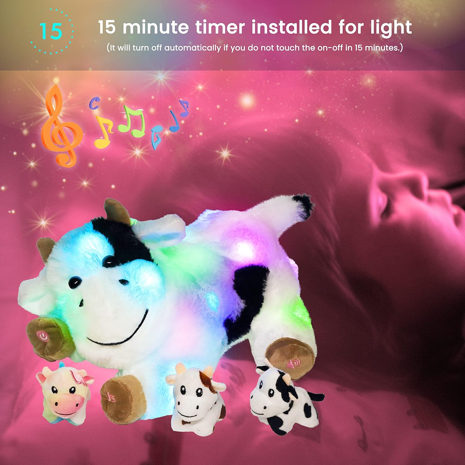 Hopearl LED Musical Stuffed Cow Lighting Up Singing Plush Toy Playset Mommy Cow with 3 Baby Dairy Cows in her Tummy Adjustable Volume Lullaby Animated Soothe for Mom Kids, 15'' - Image 8