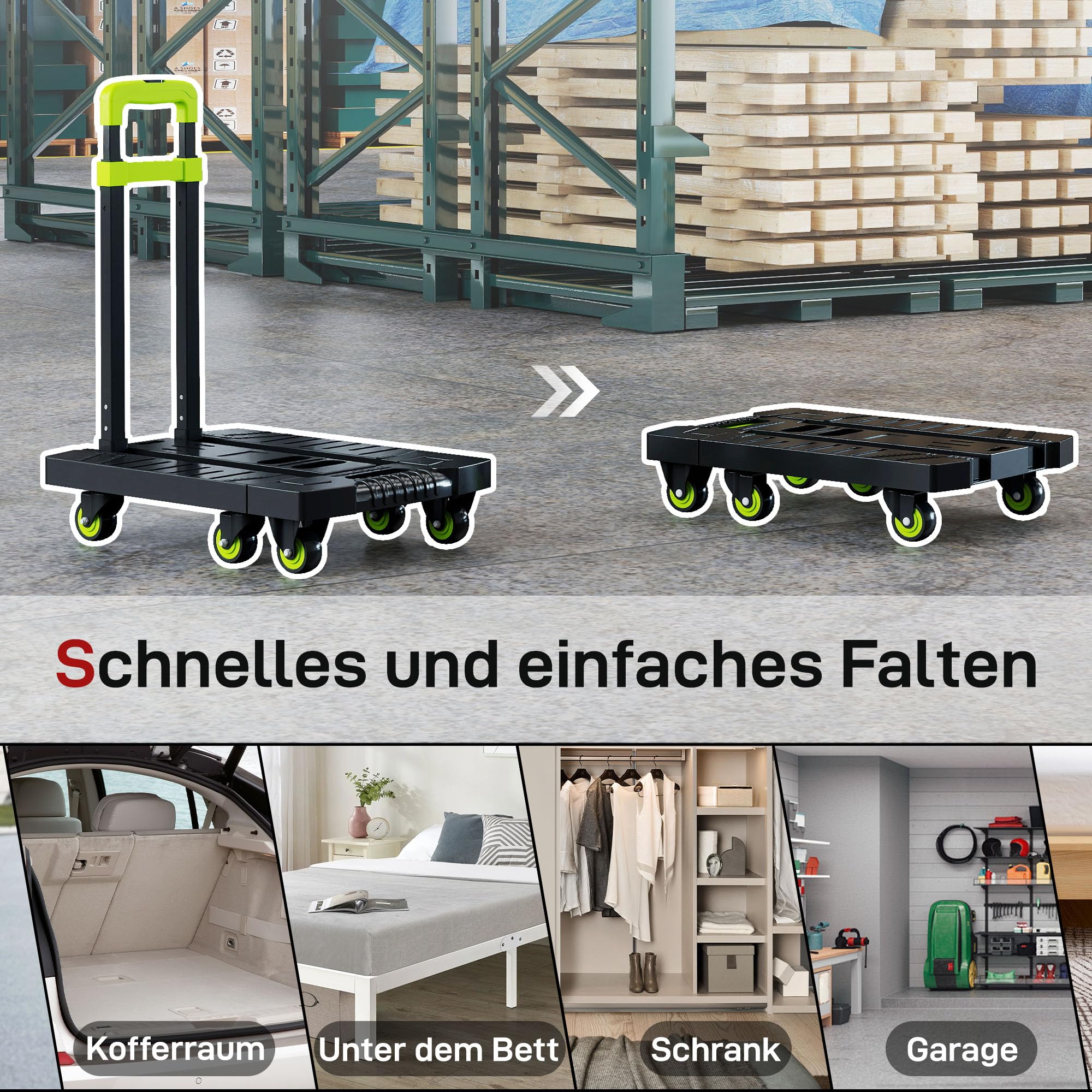 HOMCOM Carrello pieghevole in metallo con ruote, manico regolabile max. 200 kg 102 cm carrello di trasporto con corda di tensione, carrello impilabile per trasloco, officina, magazzino
