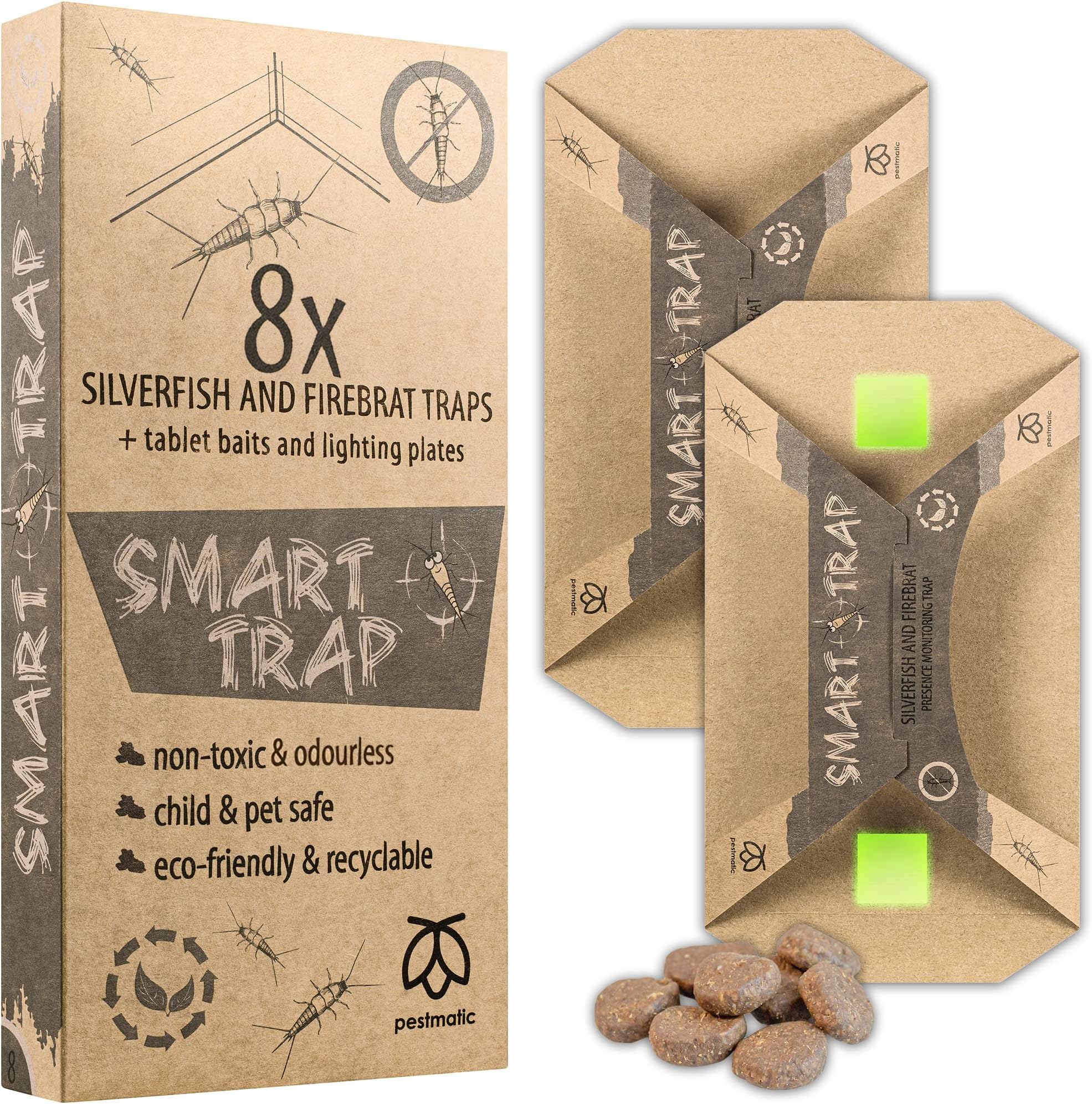 Pestmatic Silverfish Smart Trap, 8 Silverfish and Firebrat Monitoring Traps, Silverfish Sticky Catcher + 2 Attractants: Food Bait & Lighting Plates, Alternative for Silverfish Killer and Repellent