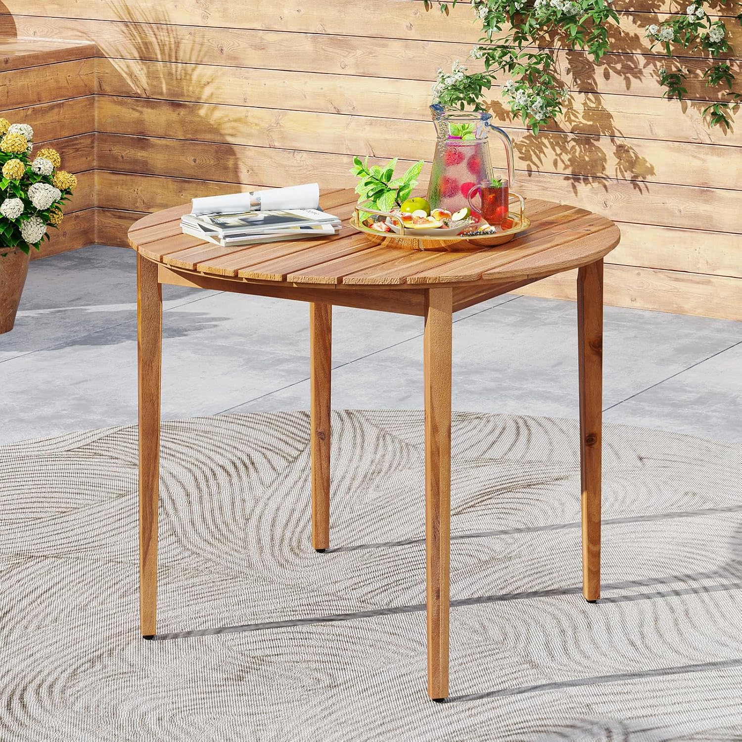 HAPPYGRILL Acacia Wood Round Dining Table for 4 People, 36" Rustic Patio Wooden Table w/Slatted Tabletop, Oil Finish, Indoor Outdoor Farmhouse Dining Furniture for Garden Backyard Deck Poolside Home