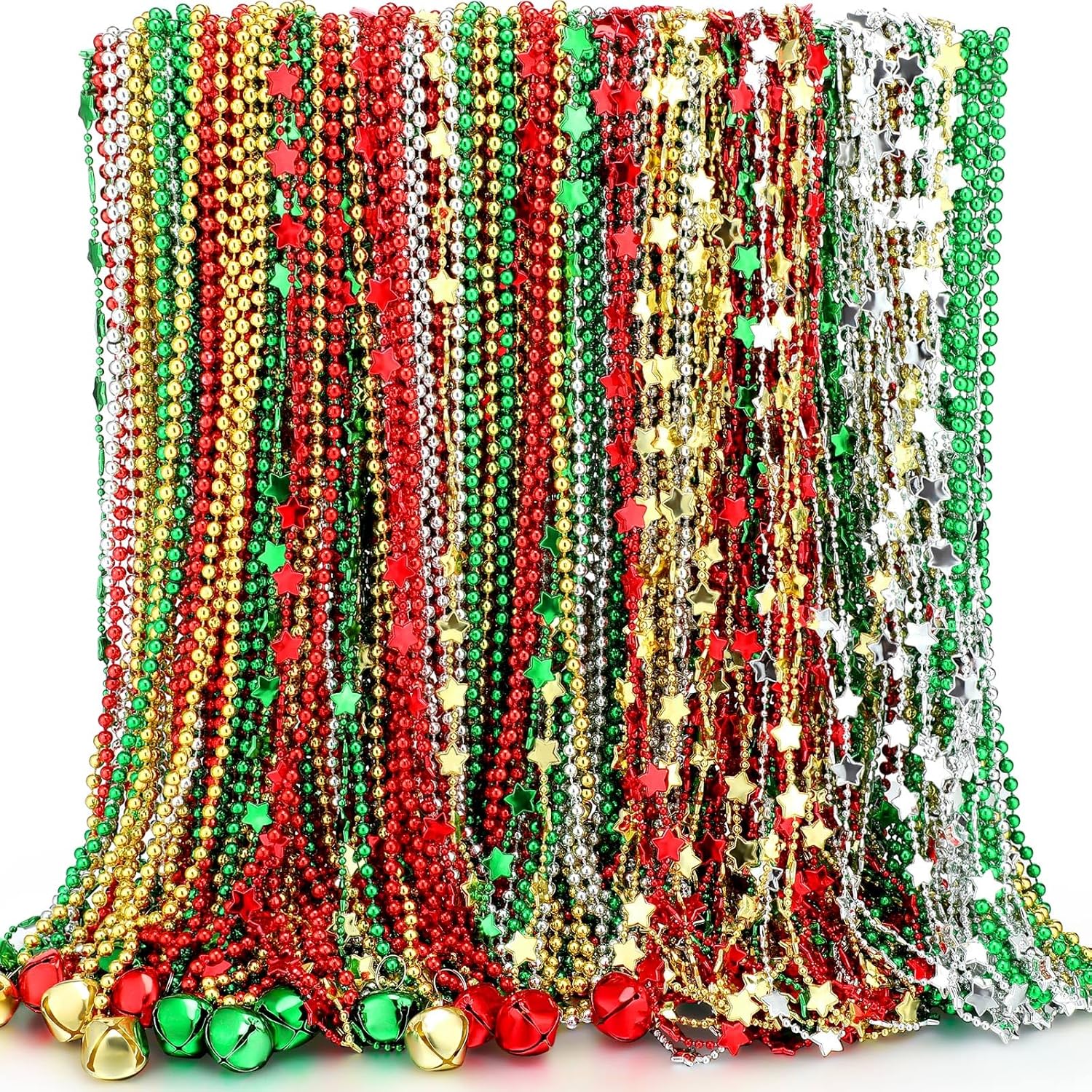 Sureio 204 Pcs Christmas Jingle Bell Necklaces Metal Necklaces with Star and Bead Jingle Bells Metal Chains Red Green Gold Silver Accessories for Christmas Tree Holiday Supplies Party Decorations