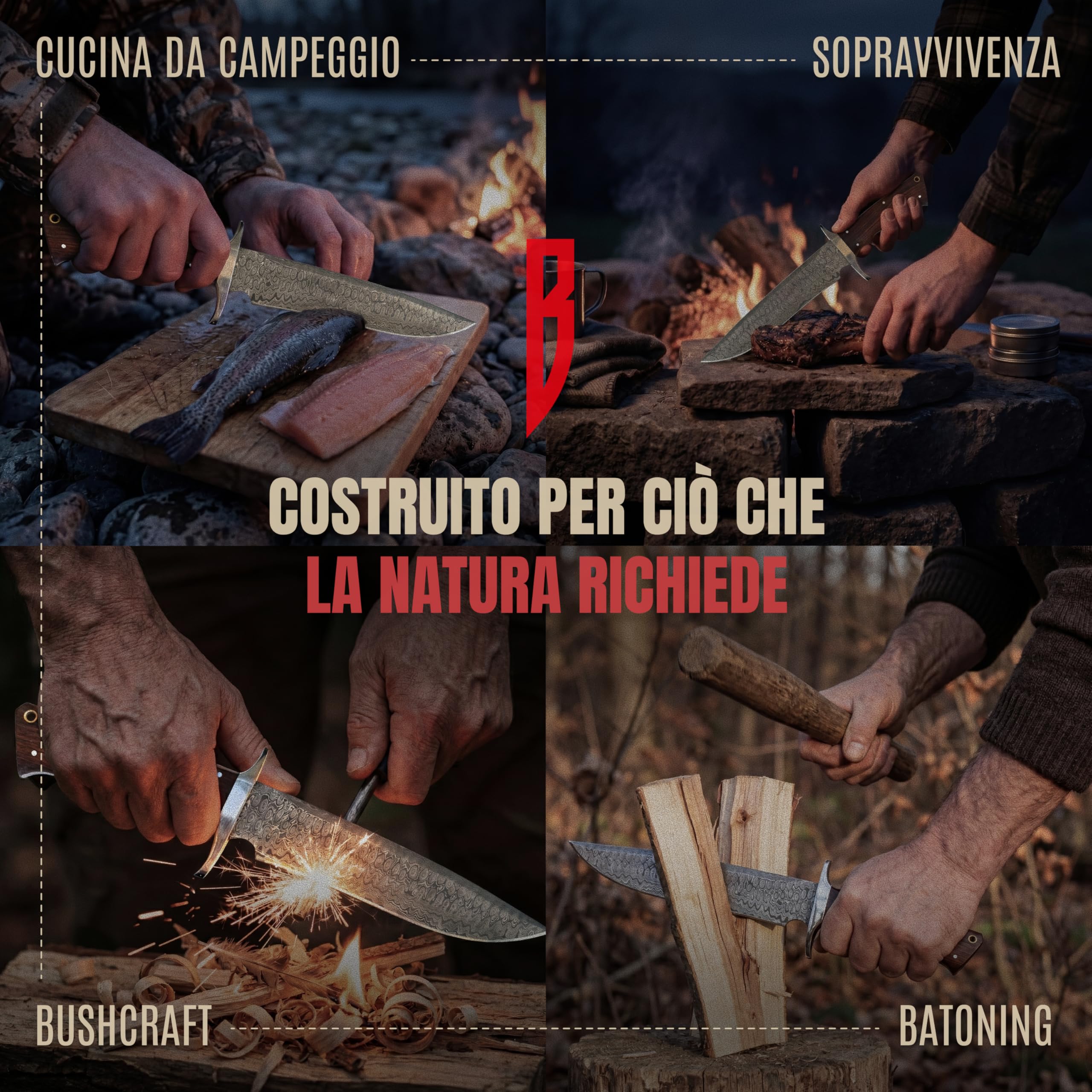 BIGCAT ROAR Patriot - Coltello da Caccia in Acciaio Damasco 35 6 cm - Manico in Legno di Noce e Fodero in Cuoio - Bushcraft Campeggio Sopravvivenza - Regalo Uomo Cacciatore o Collezionista