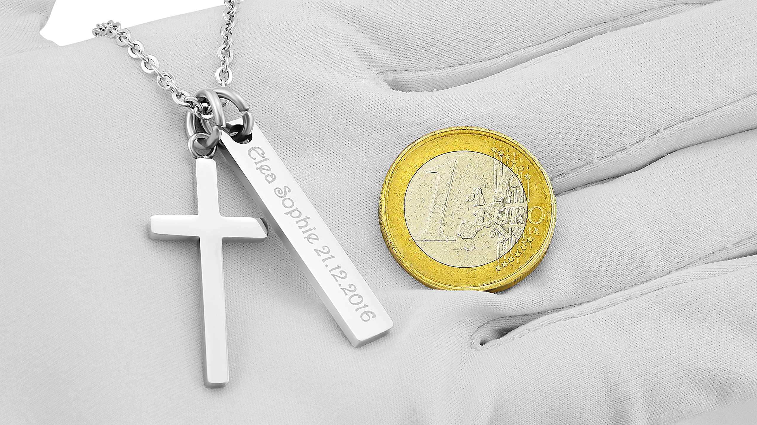 Personalisierte Kette mit Gravur Edelstahl 50 cm mit Anhänger Kreuz Rechteck in silber - Personalisierte Geschenke für Kinder und Erwachsene - Halskette Damen Herren Mädchen Jungen