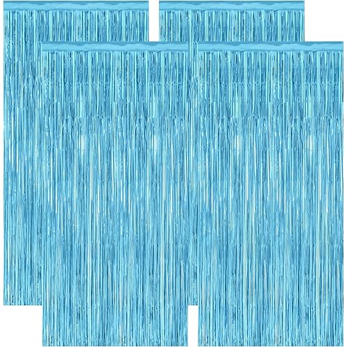 4 Pack Party Decorations, 3.28 FT x 7.05 FT Blue Foil Streamers, Metallic Sky Blue Backdrop Fringe Curtains Bithday Back Drop, Winter Backdrop for Party Supplies Door Decor Hanging
