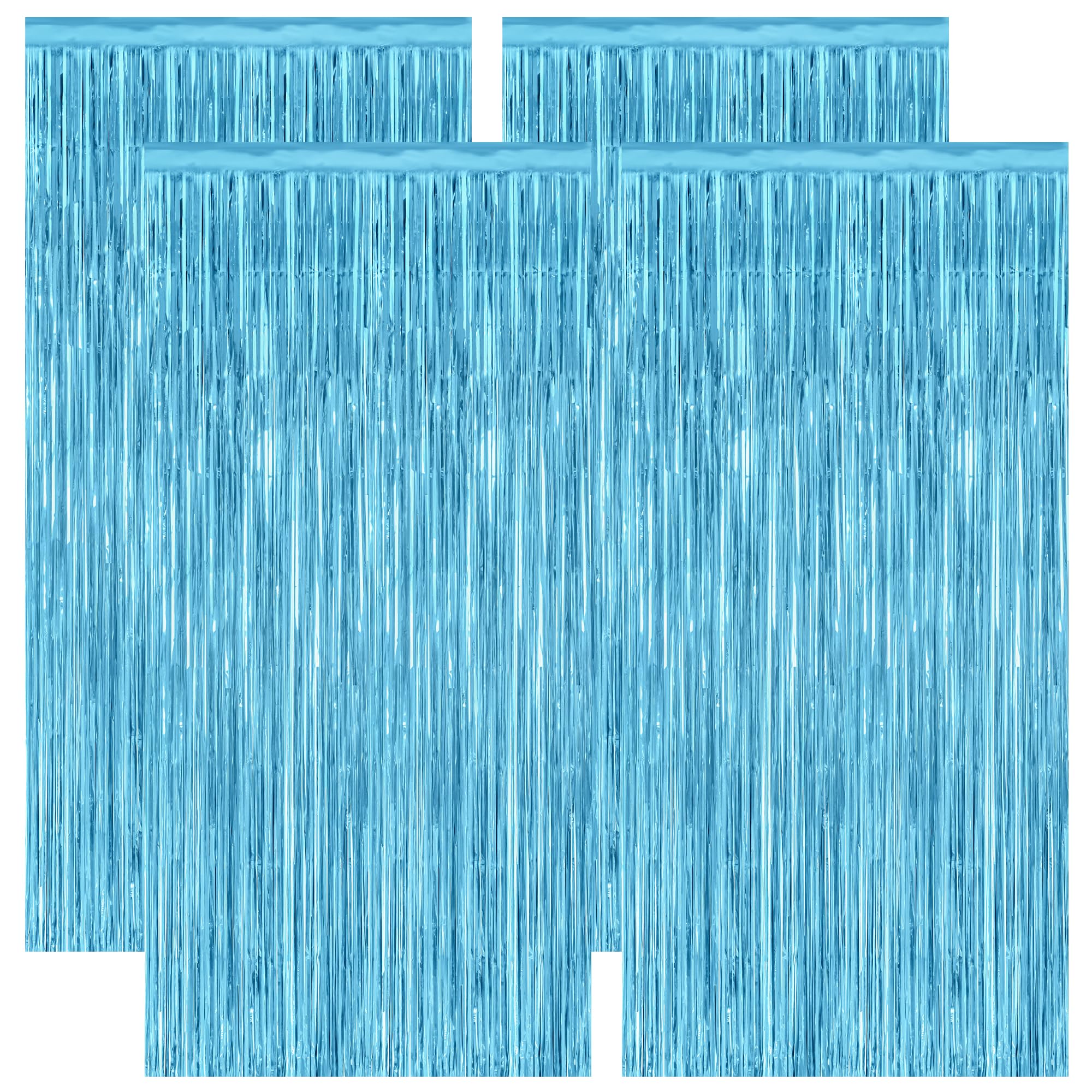 4 Pack Party Decorations, 3.28 FT x 7.05 FT Blue Foil Streamers, Metallic Sky Blue Backdrop Fringe Curtains Bithday Back Drop, Winter Backdrop for Party Supplies Door Decor Hanging