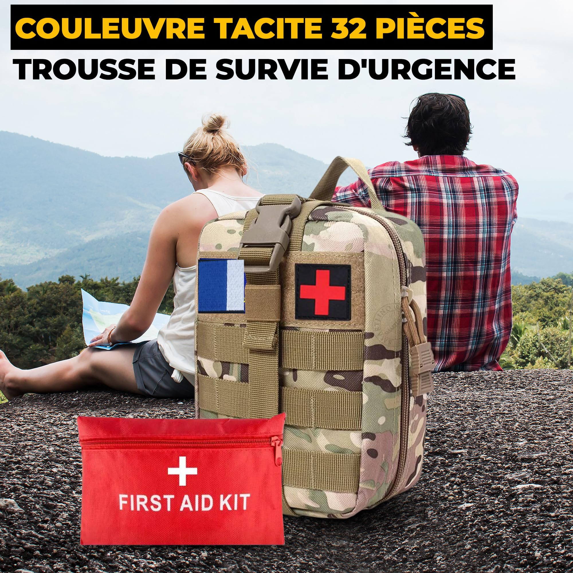 Kit de Survie Ultime Complet 72 en 1 avec Drapeau de France Trousse de Secours d’Urgence pour Premiers Soins, Sac de Survie Pratique,Trousse de Secours, Survie Materiel Militaire pour Camping