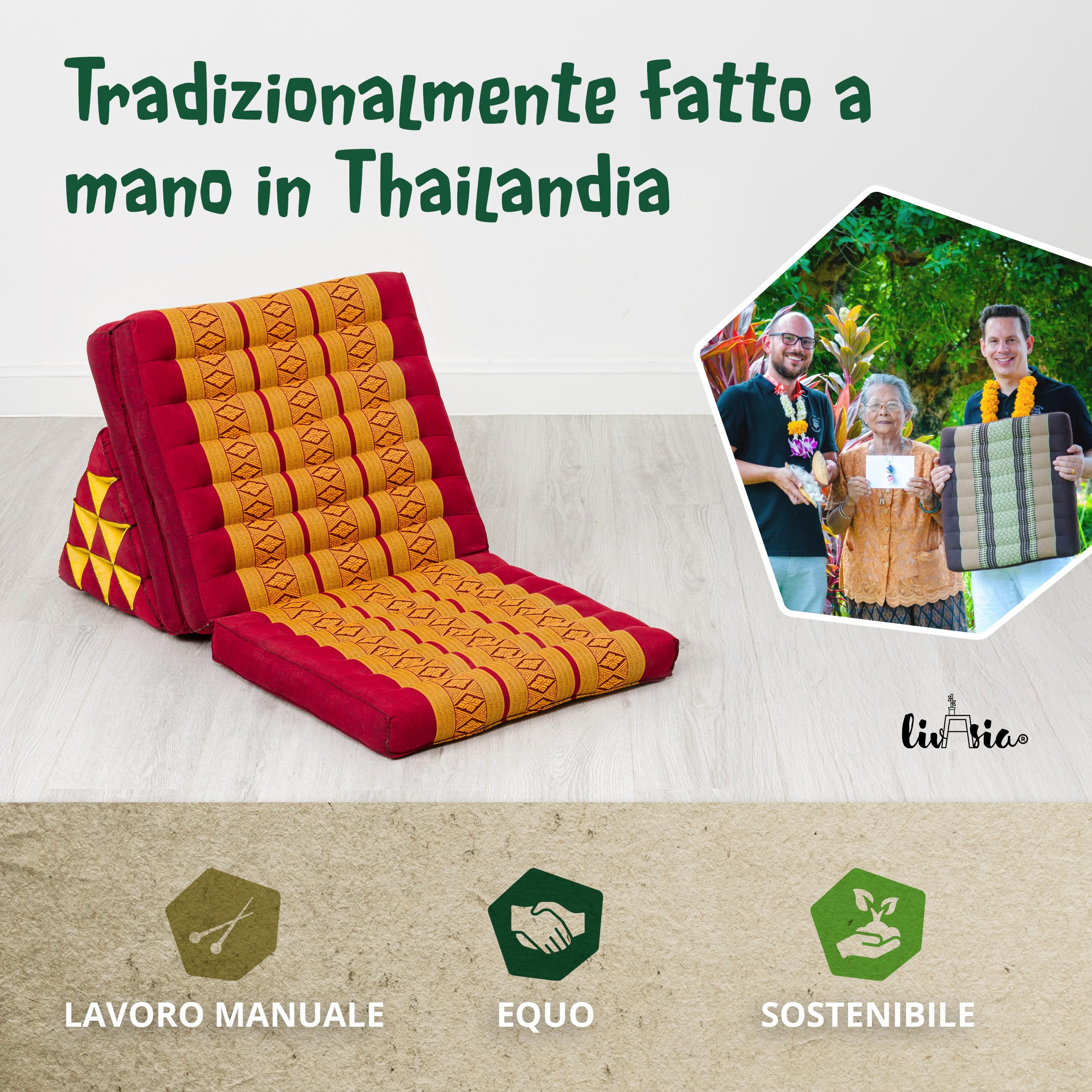 livasia cuscino thai a 3 segmenti - 175x50x8cm - cuscino triangolare con materasso pieghevole, cuneo kapok, supporto lombare pieghevole, tappetino thai, fatto a mano (Rosso/Giallo)