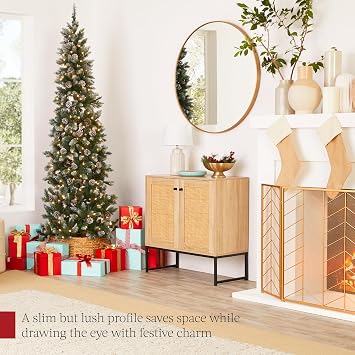 Best Choice Products 12ft Pre-lit Pencil Christmas Tree Pine w/Twinkling LEDs Partially Flocked Frosted Slim Holiday Decoration Skinny Xmas Tree, 700 Lights, 1,818 Frosted Tips, 128 Pine Cones, Stand
