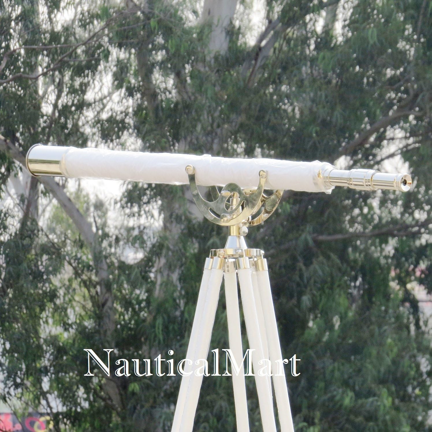Nautical Floor Standing Single Barrel Chrome with White Leather Anchormaster Telescope 65"