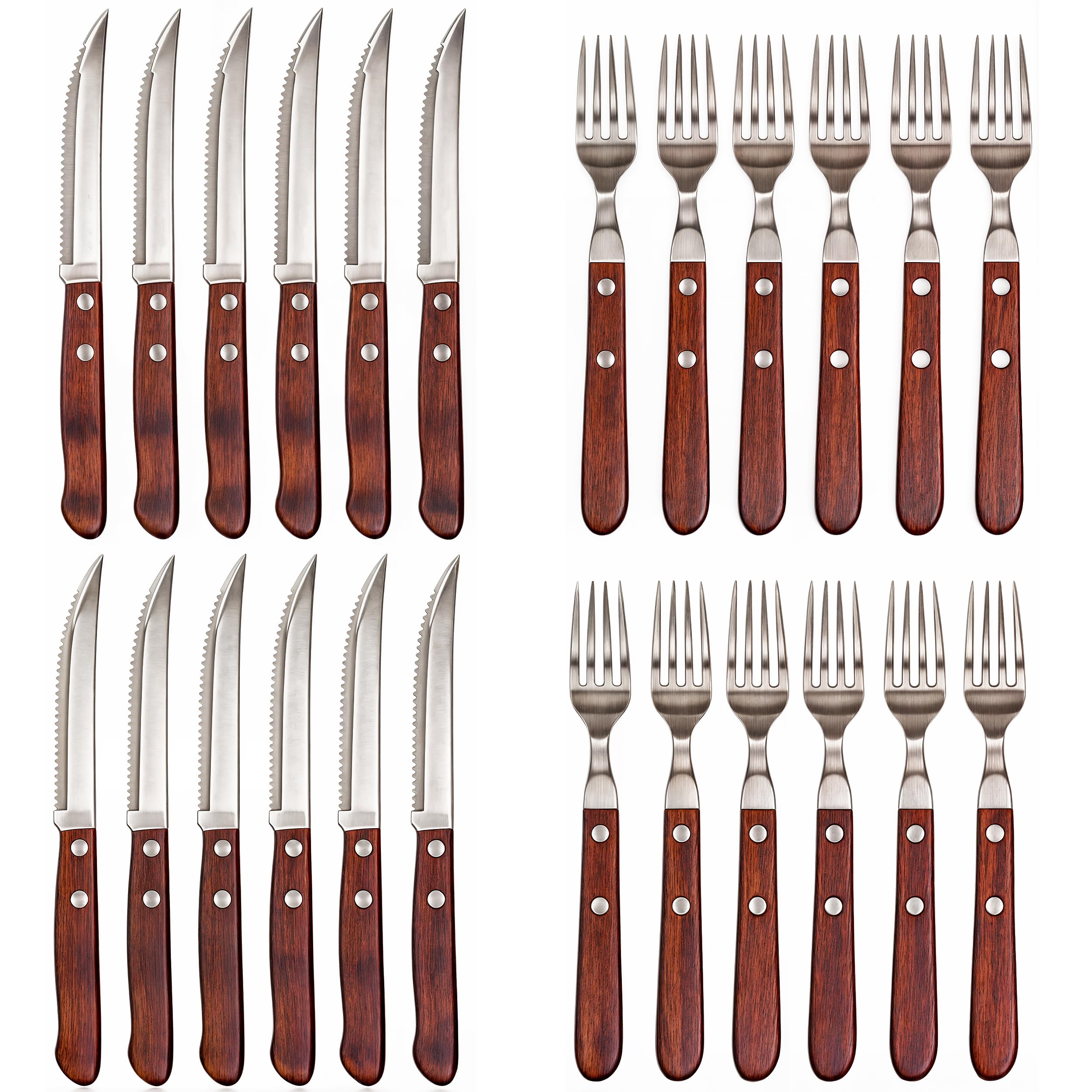 Couverts à steak acier inox bois 24 pieces avec 12 pieces couteaux à steak et 12 pieces fourchettes à steak