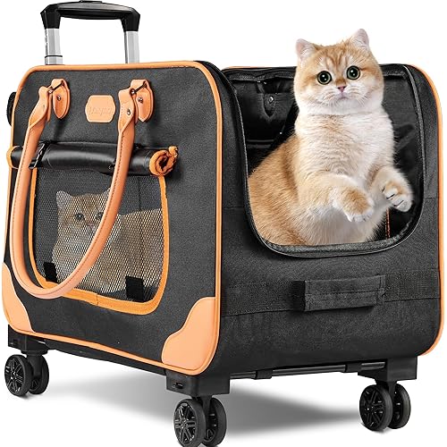 Large Cat Carrier with Wheels, Rolling Cat Carrier, 24.5"x 13.8"x 15.4" Pet Carrier with Wheels for Large Cats Small Dogs up to 38 LBS, Ideal for Travel, Walking and Camping(NOT for TSA)