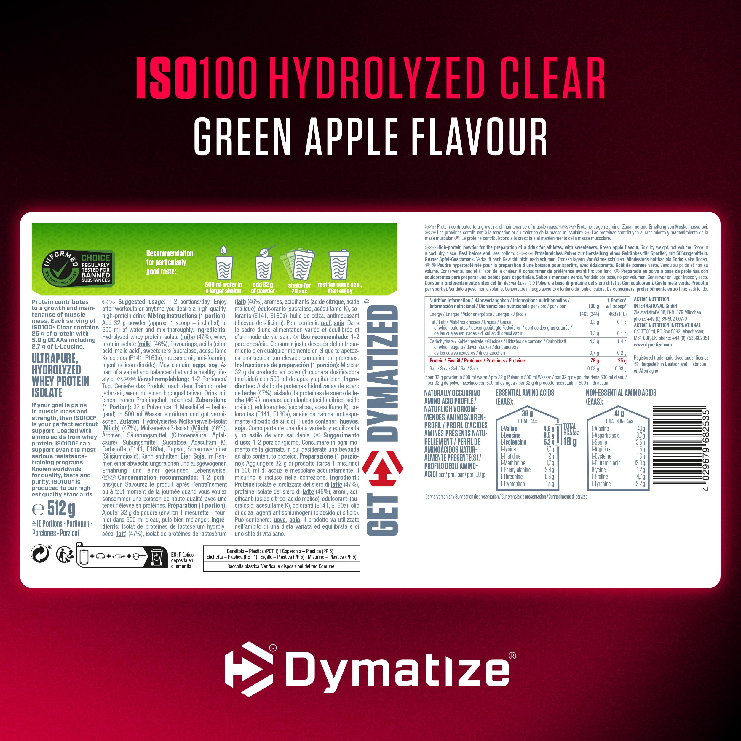 Dymatize ISO 100 Hydrolized Clear Green Apple 512g Hidrolizado de proteína de suero transparente + aislado en polvo
