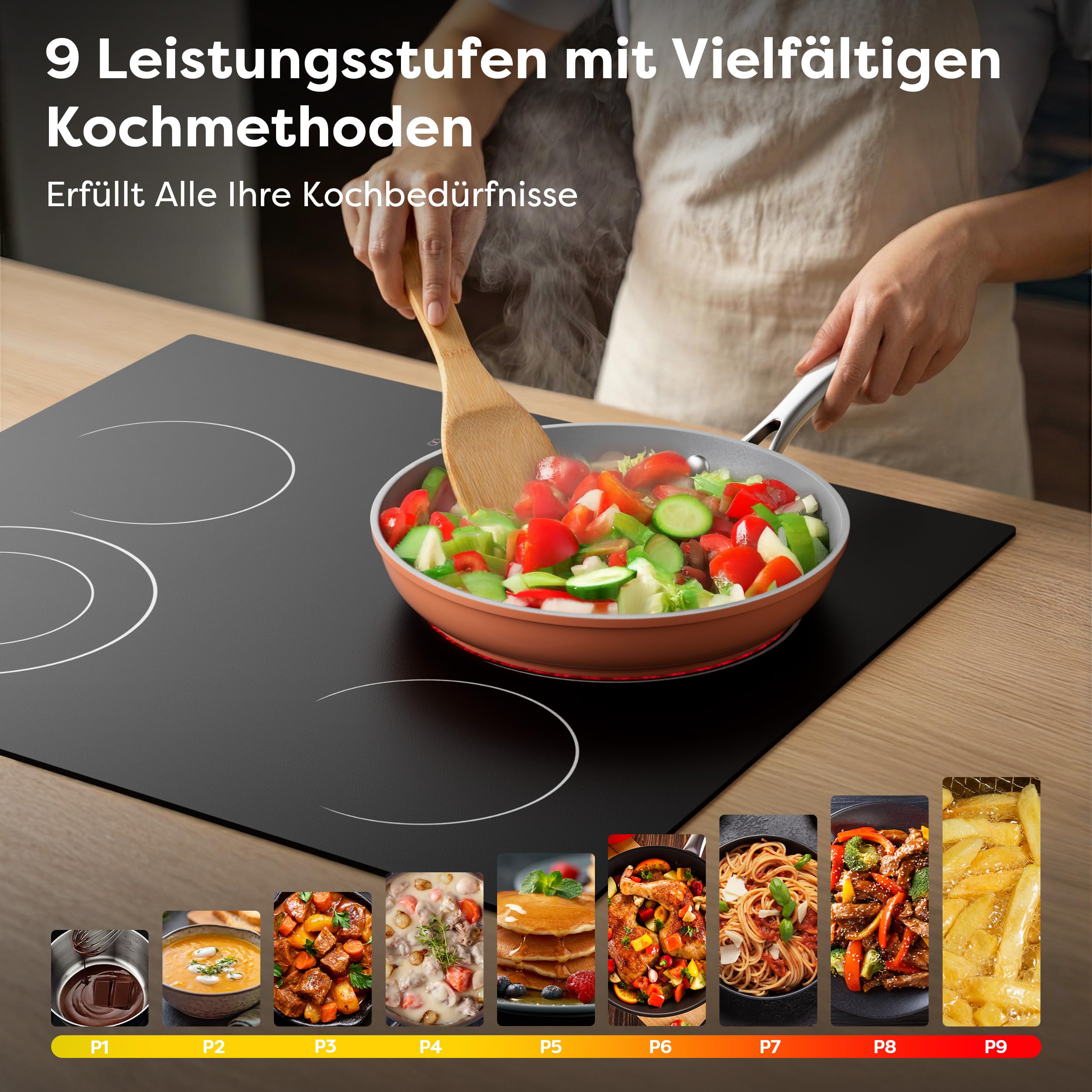 CDV Glaskeramikkochfeld 4 Kochzonen 60 cm 6600 W | Autarkes 60-cm-Einbaukochfeld ohne Stecker, mit Touch, Timer, Kindersicherung und Restwärmeanzeige