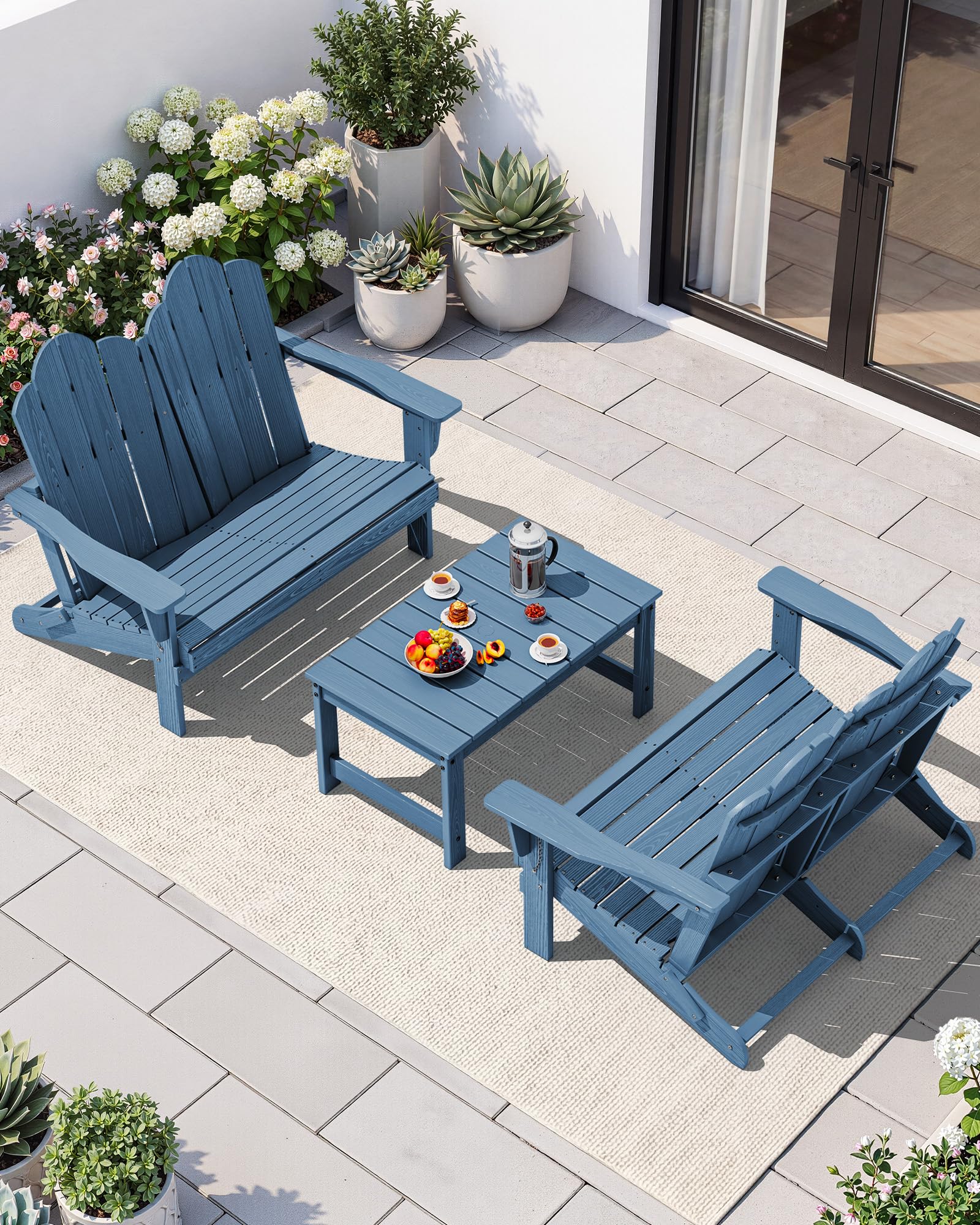 SERWALL 3-Piece Adirondack Bench Set, 2 Benches &amp; 1 Coffee Table, Navy
