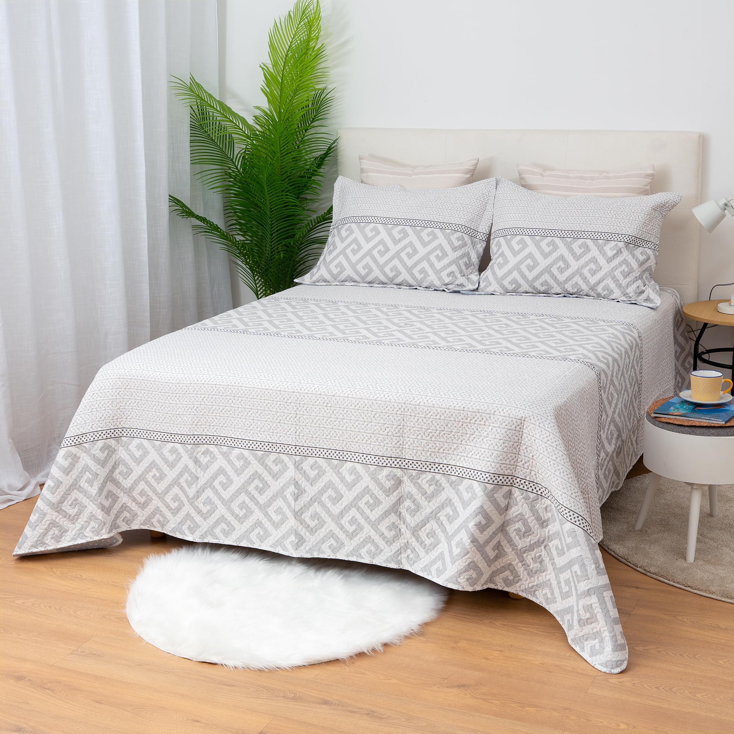 H HANSEL HOME Colcha Bouti Estampada Cama 120/135, 100% Microfibra Extra Suave, Bicolor Reversible, Cubrecama Fina, para Verano y Entretiempo, Incluye 2 Funda de Cojín - Geometría Gris 230x260