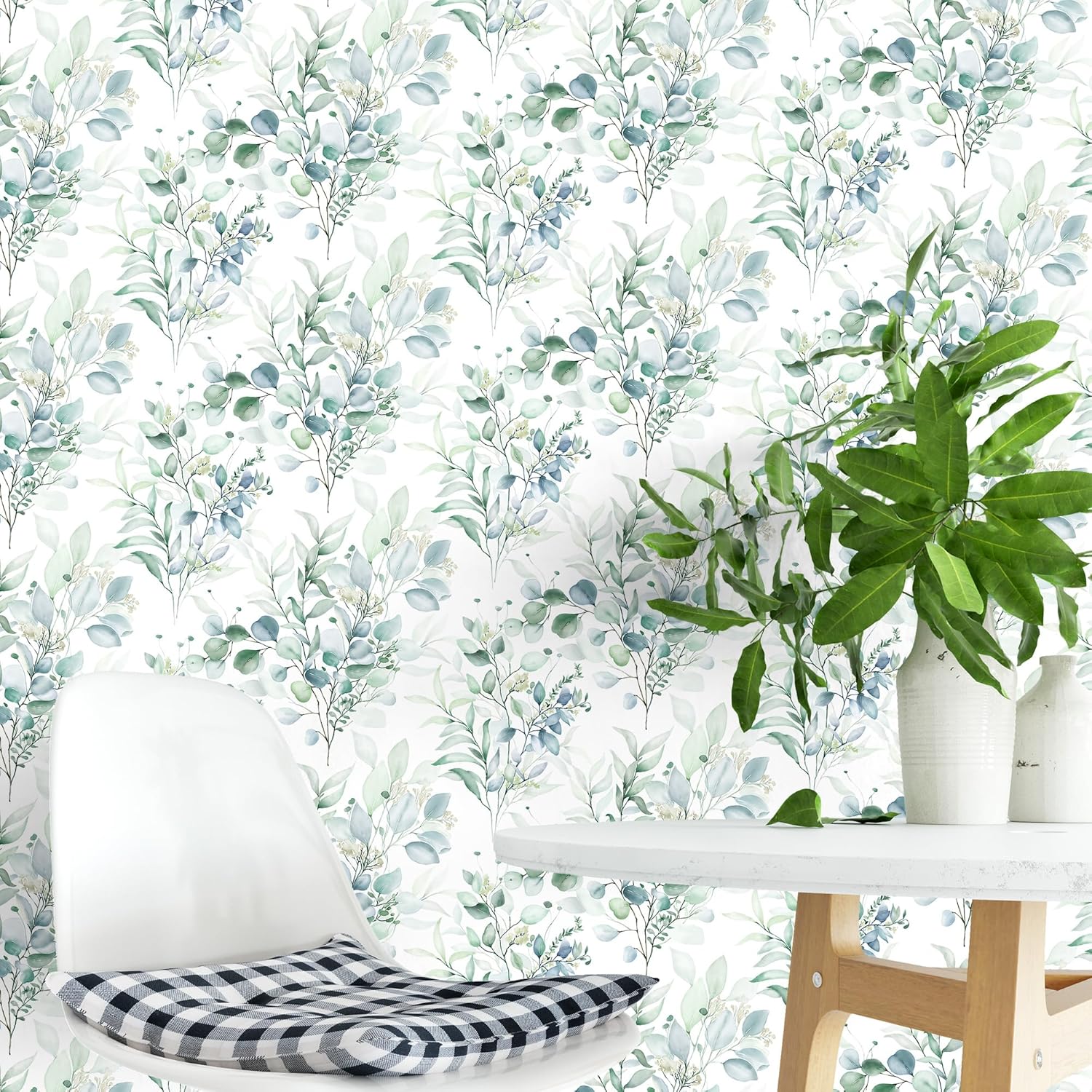 Boho Green Eucalyptus Leaf Peel and Stick Floral Wallpaper Removable Waterproof Contact Renter Friendly Wall Paper for Desk, Kitchen Cabinets, Bathroom, Bedroom Decor 17.3" x 79" TH8095-2
