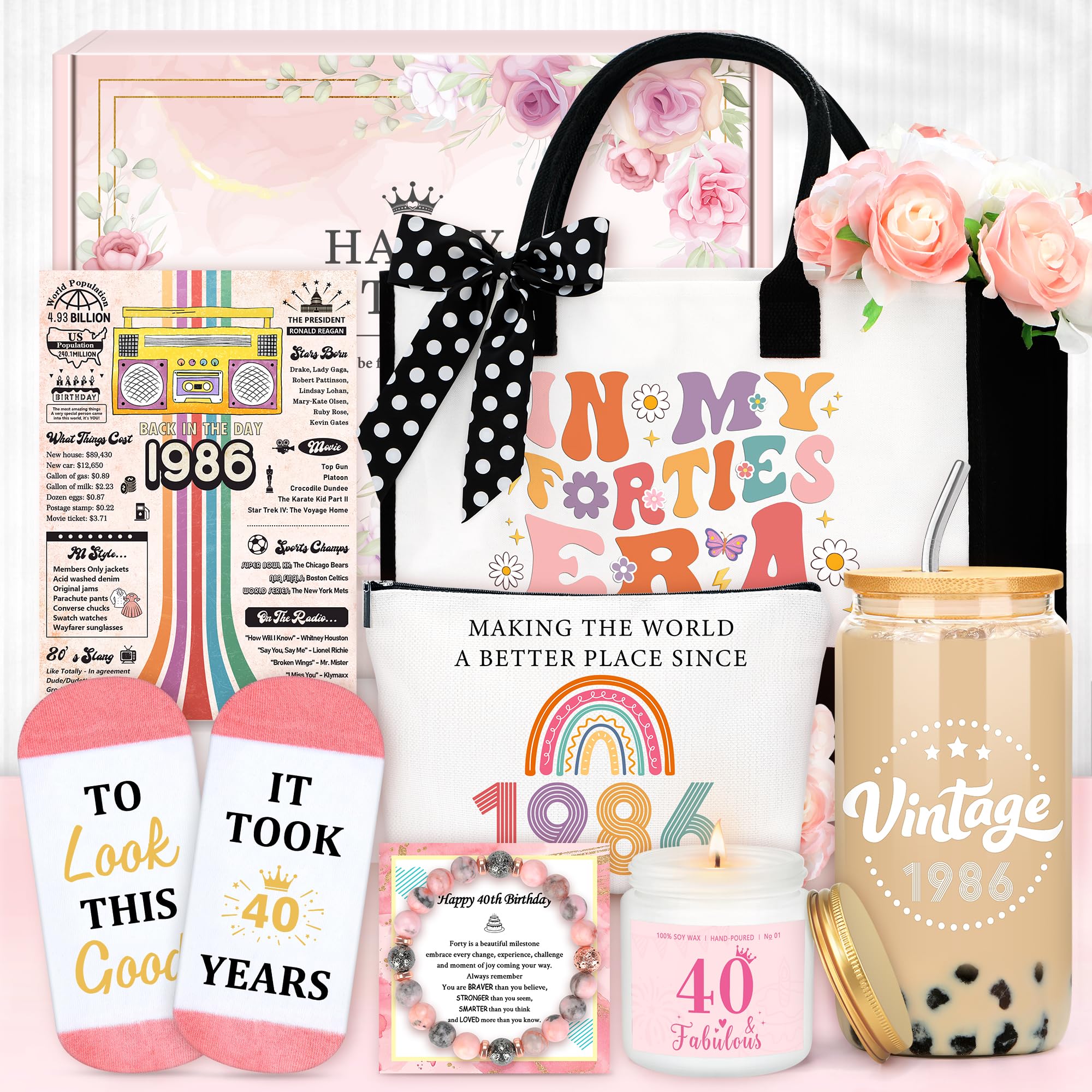40th Birthday Gifts for Women Vintage 1986 Birthday Gifts for Women Unique 40 Year Old Gift for Woman Happy 40th Present for Her Turning 40 and Fabulous Gift Basket for Mom Sister Wife Friend Coworker