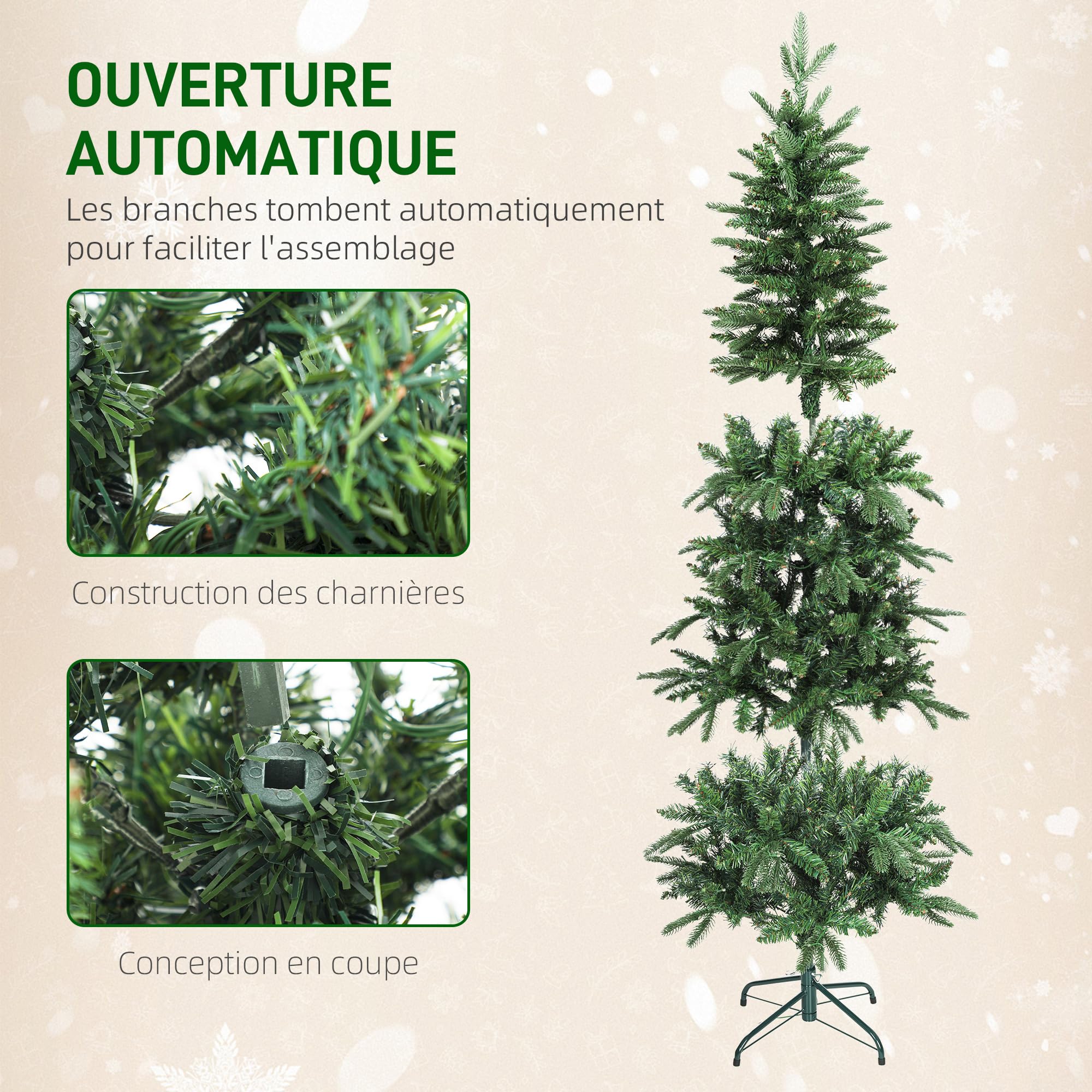 HOMCOM Sapin de Noël Artificiel 210 cm Slim, 8 Modes d’Éclairage, Vert | Lumières Blanches Chaudes, 8 Modes d'Éclairage, 826 Pointes de Branche Articulée, Support en Métal, Plastique Ignifuge