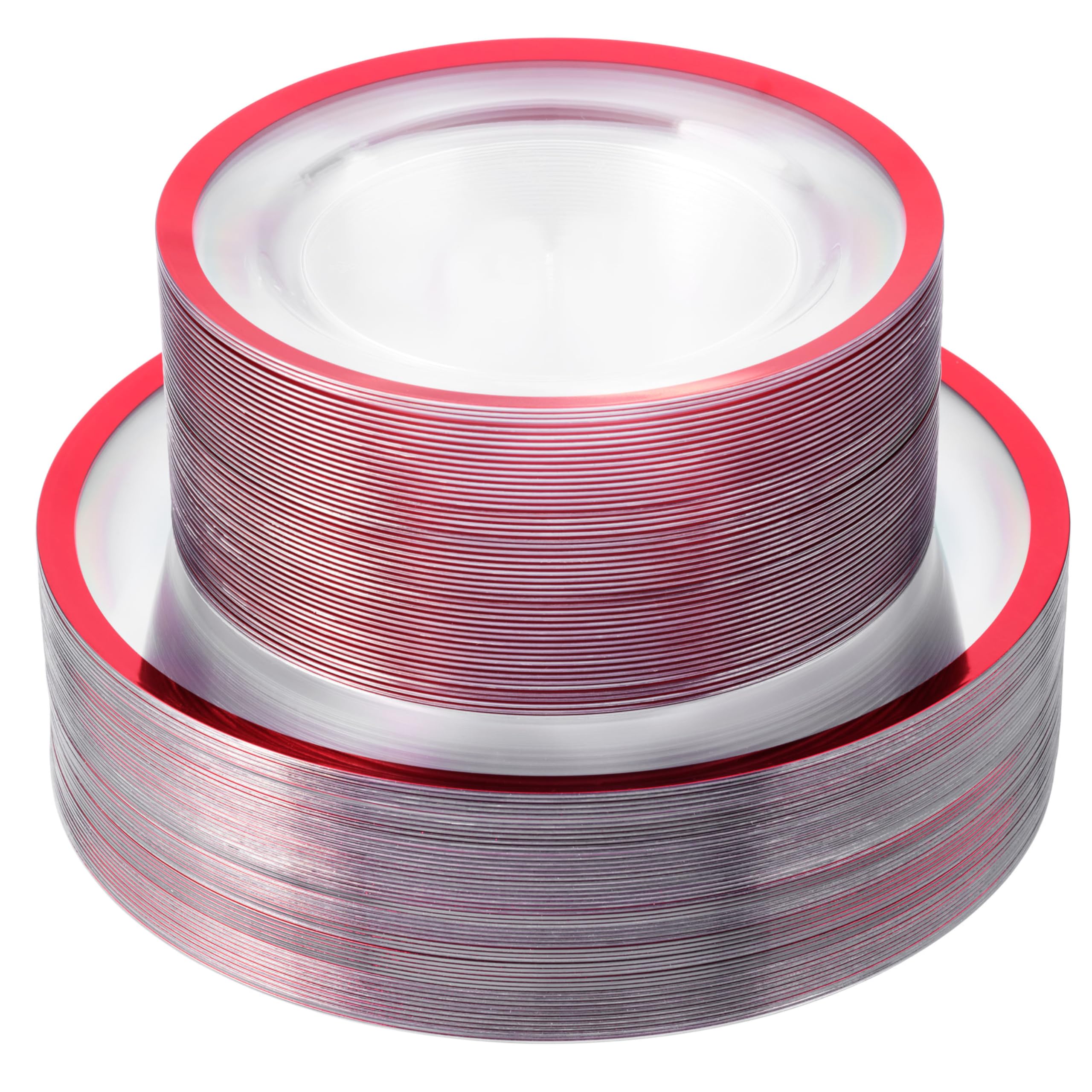 By Madee HEAVYWEIGHT 100 PCS Clear and Red Plastic Plates for Party 50 Guests | 50 Dinner Plates & 50 Dessert Plates | Fancy Plastic Plates for Wedding, Showers... | High End Disposable Plates