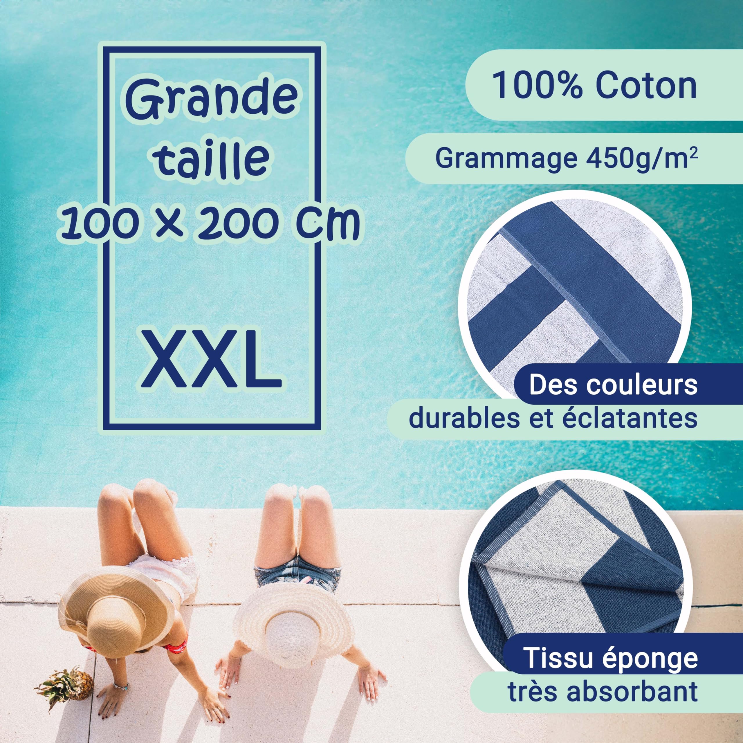 ZOLLNER Serviette de Plage - Serviette de Bain résistante et absorbante en 100x200 cm - Lavable jusqu'à 60°C - Coton - avec Motif Sportif à Rayures en Bleu - certifiée Oeko Tex®