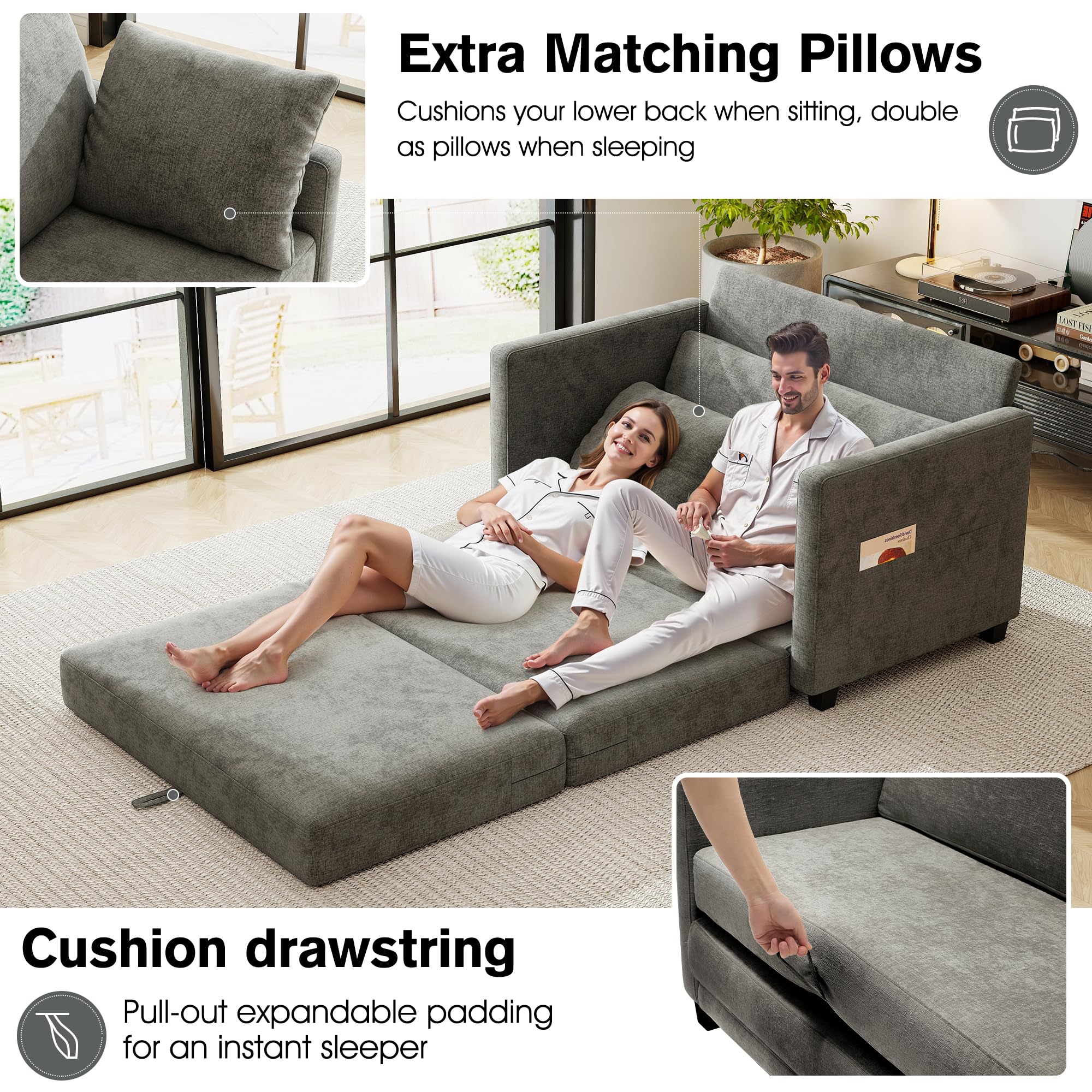 51" Loveseat Sleeper Sofa Bed, Chenille Convertible Floor Sofa Bed for Small Spaces, Folding Couch Bed with Deep Seat, 2 Pillows & Solid Frame, Pull Out Floor Couch for Living Room, Grey