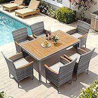Vista 11 de Devoko Juego de comedor de patio al aire libre, 9 piezas, mesa de comedor y sillas de mimbre con mesa de madera de acacia y reposabrazos ampliados