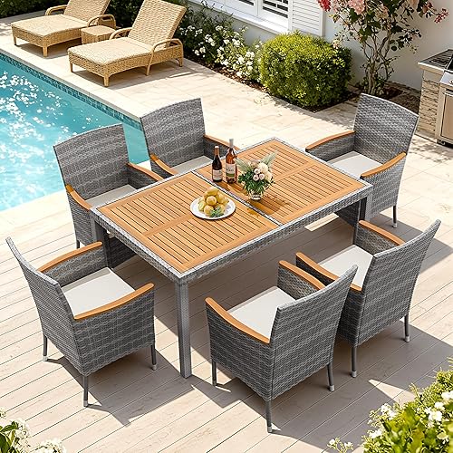 Miniatura 11 de Devoko Juego de comedor de patio al aire libre, 9 piezas, mesa de comedor y sillas de mimbre con mesa de madera de acacia y reposabrazos ampliados