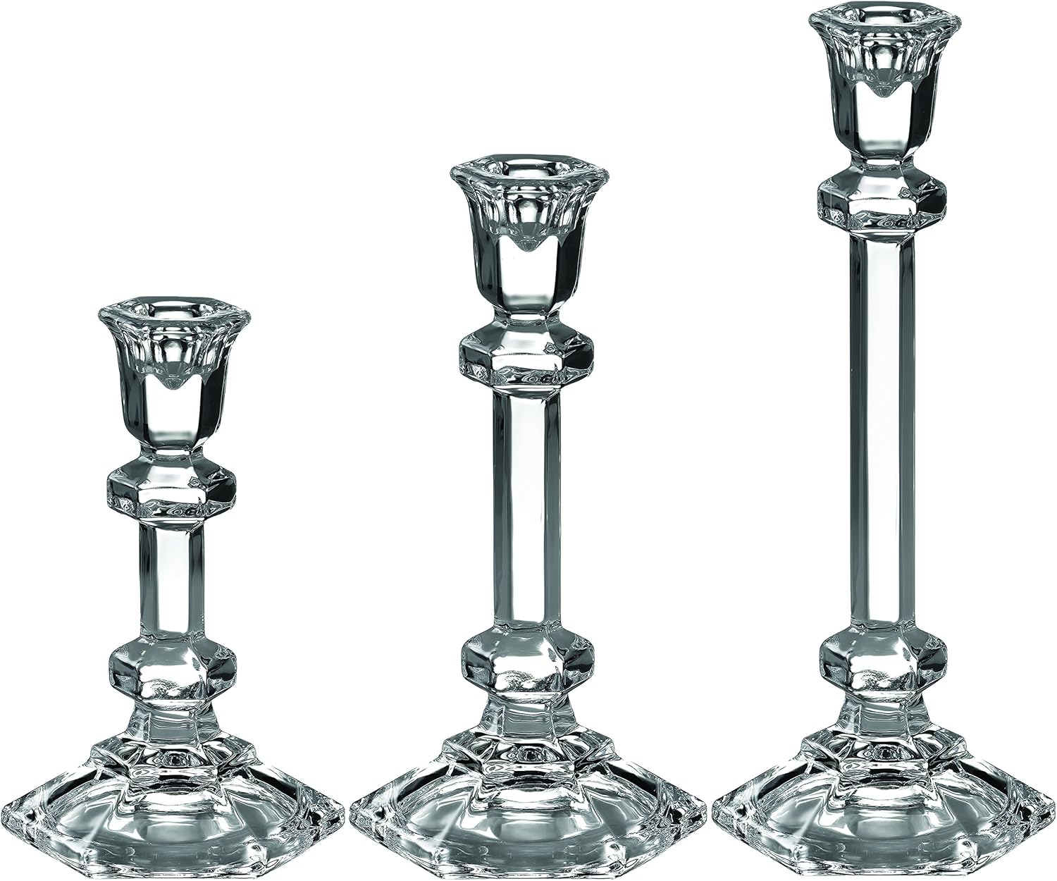 Set of 3 Glass Candle Stick Holders Hexagonal Taper