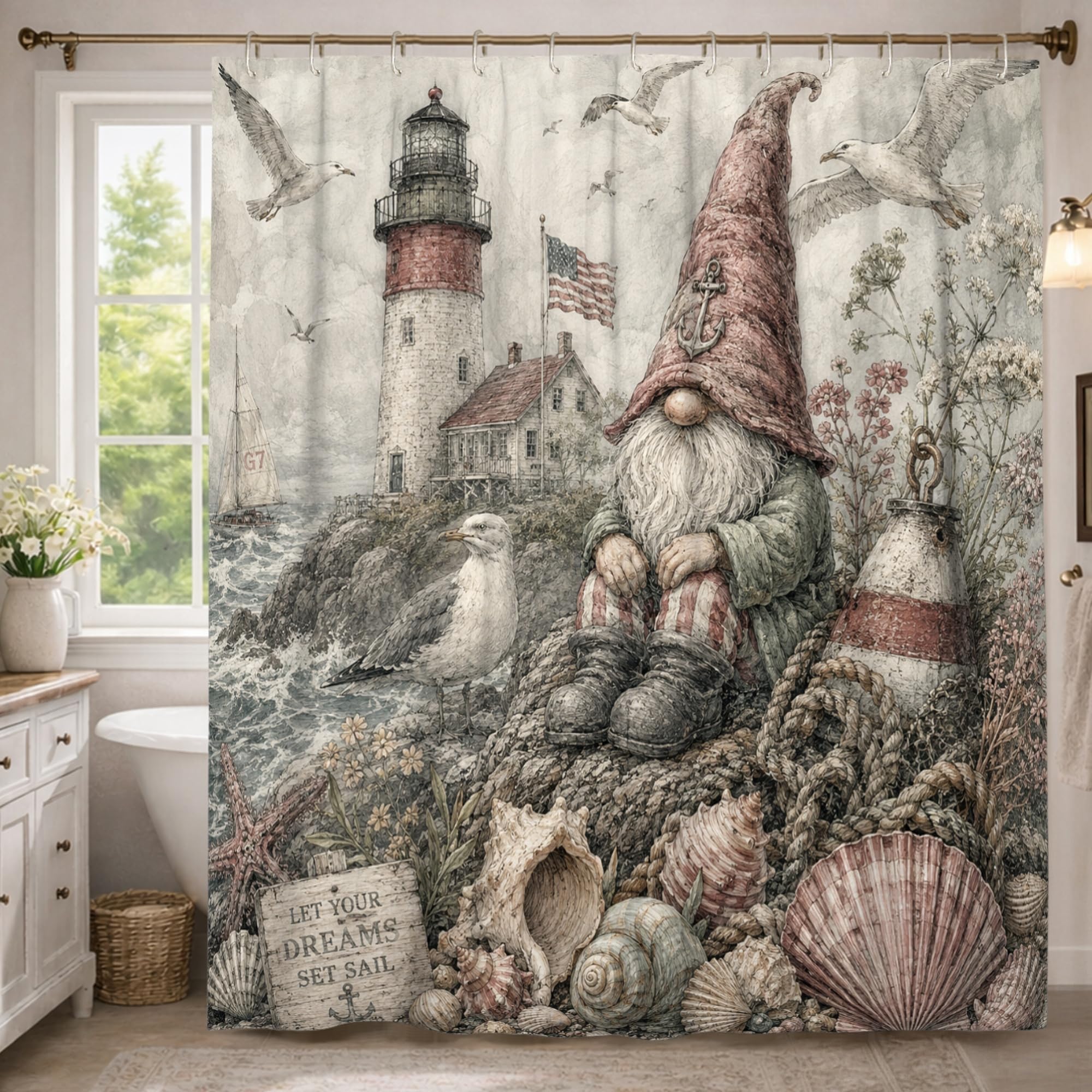 Rideau de douche extra long 183x243 cm en tissu imperméable rouge motif phare et mouette