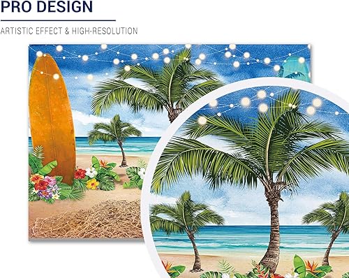 Vista 2 de Allenjoy Fondo de fotografía de verano para playa, océano, cielo azul, tabla de surf, palmeras tropicales, Luau para niños y niñas, decoración
