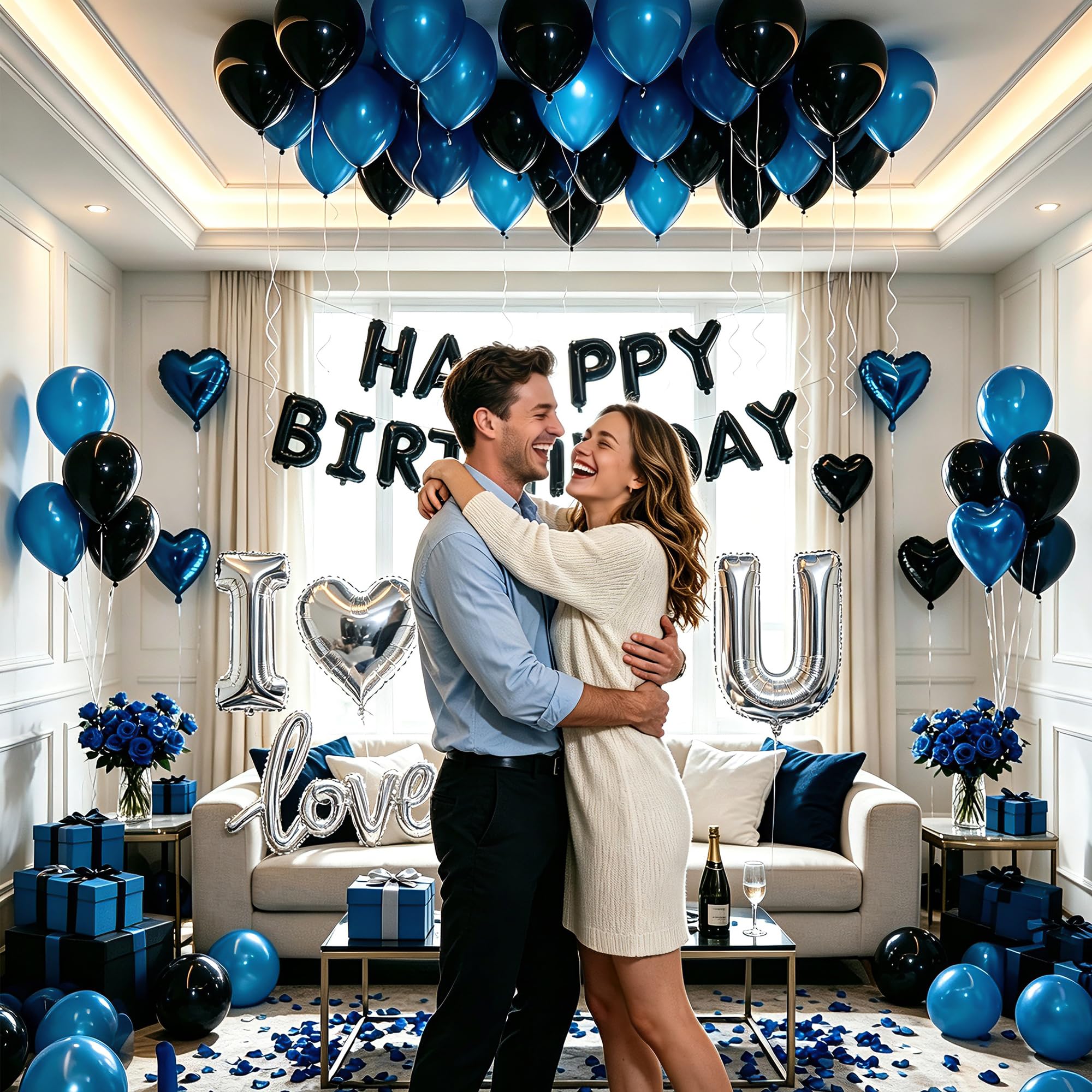 Set di palloncini di buon compleanno blu e nero con palloncini I Love You