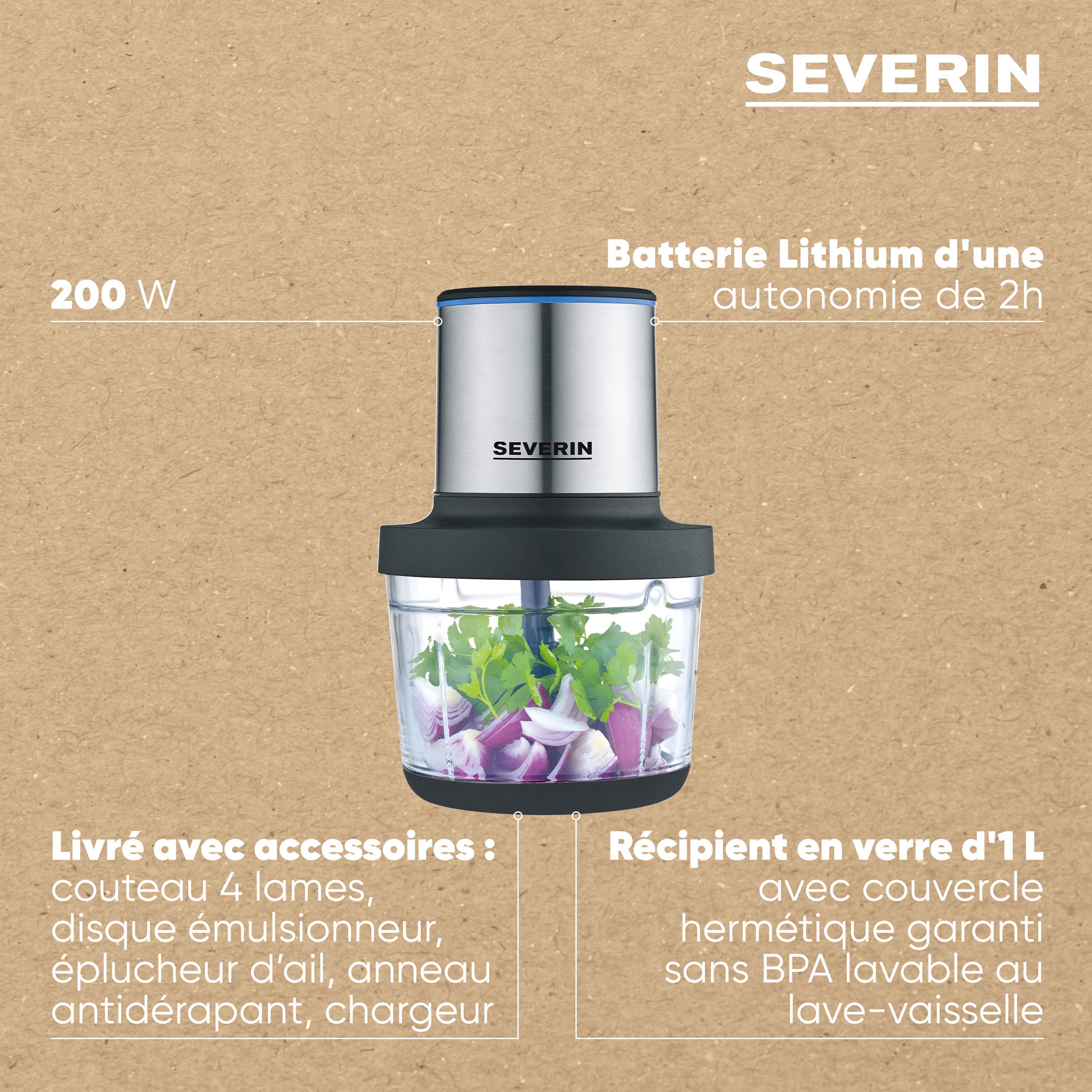 SEVERIN Hachoir électrique 200 W multifonction sans fil d'une capacité d'1 L et d'une autonomie de 2h, Hachoir à viande, oignons, herbes, fromage, etc., Broyeur universel, noir mat/inox, KM 3866