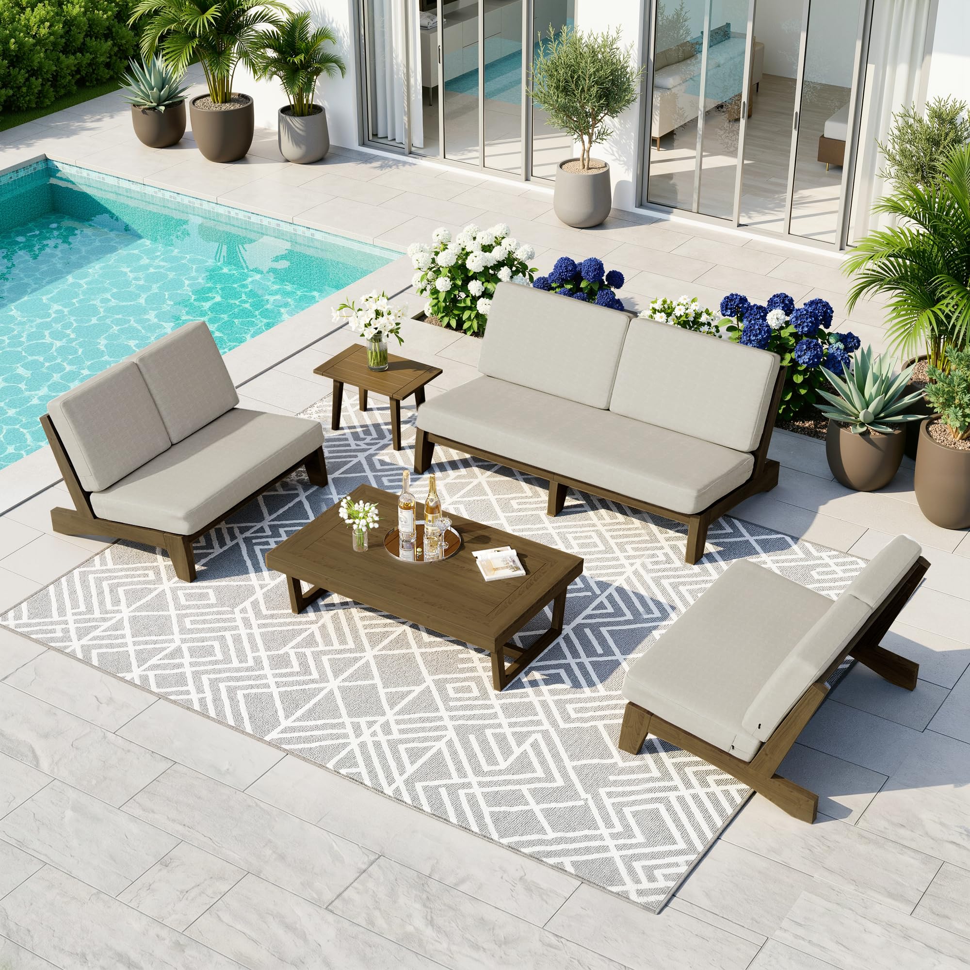 Pia Ricoo 5-Piece Patio Furniture Set, Outdoor Sofa with 2 Split Back Loveseat, 2 Chairs &amp; Coffee Table, Conversation Set for Backyard/Deck/Lawn - Light Camel