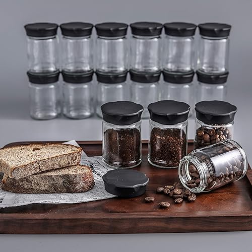 Miniatura 4 de VEVOK CHEF Mini tarros de vidrio con tapas negras, 4 piezas de almacenamiento de alimentos, recipiente de cocina, recipiente pequeño para café, té,