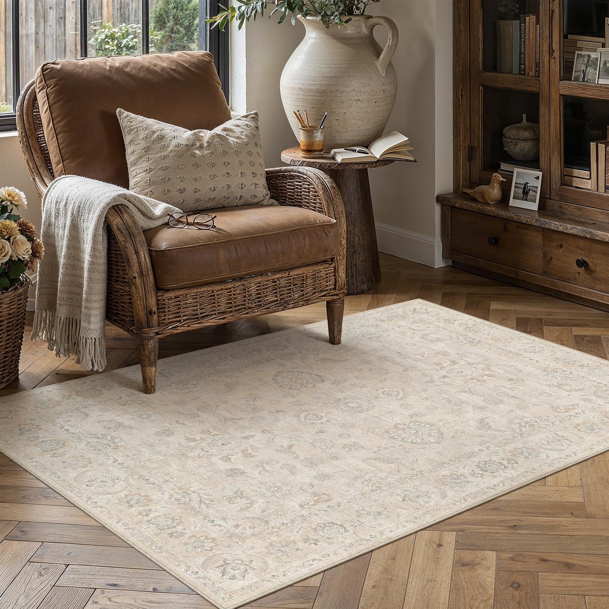 PureCozy Vintage Rugs for Bedroom 120x170cm Washable Area Rugs,Beige