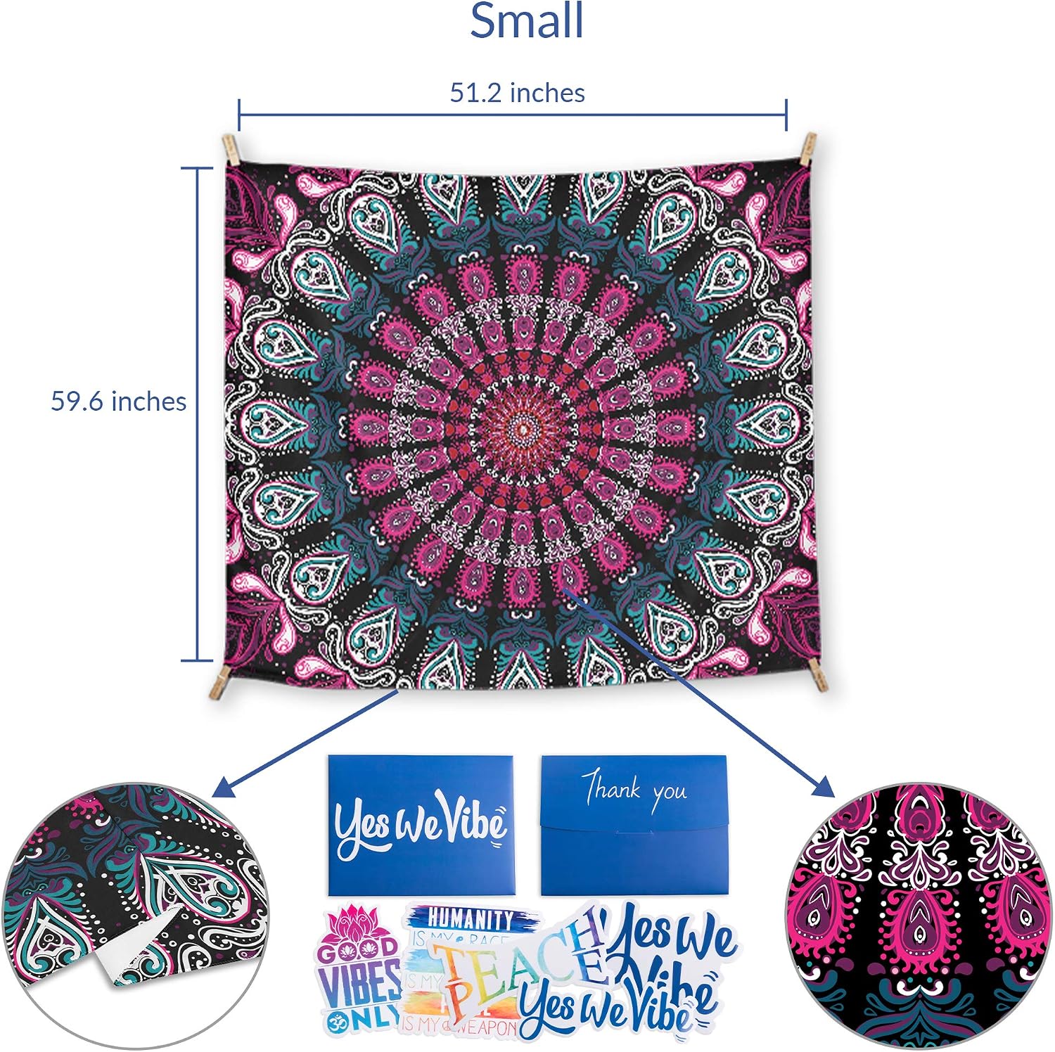 Yes We Vibe Wall Tapestry + Wall Hanging for Bedroom & Boho Home Decor - Lovely Mandala Design - Small 59.6 X 51.2 Inches (150cm X 130cm)