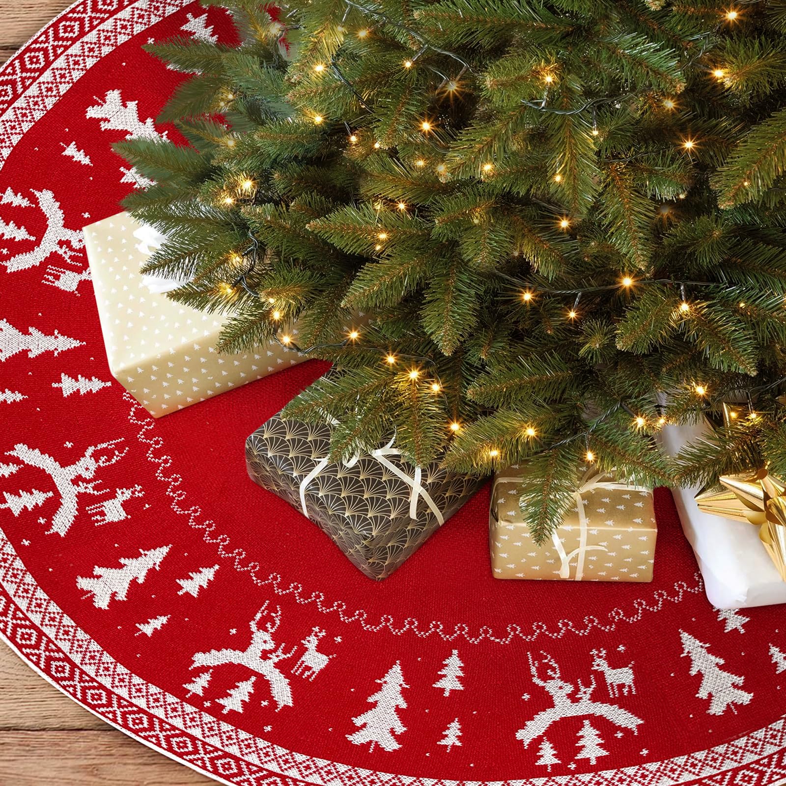 Bseical Groß Weihnachtsbaum Decke Gestrickte, 120cm Weihnachtsbaumdecke Rund, Gestrickter Christbaumdecke, ChristbaumstäNder Weihnachtsbaumrock FüR Zuhause Feier Weihnachtsbaum Deko (Rot) Küche, Haushalt & Wohnen