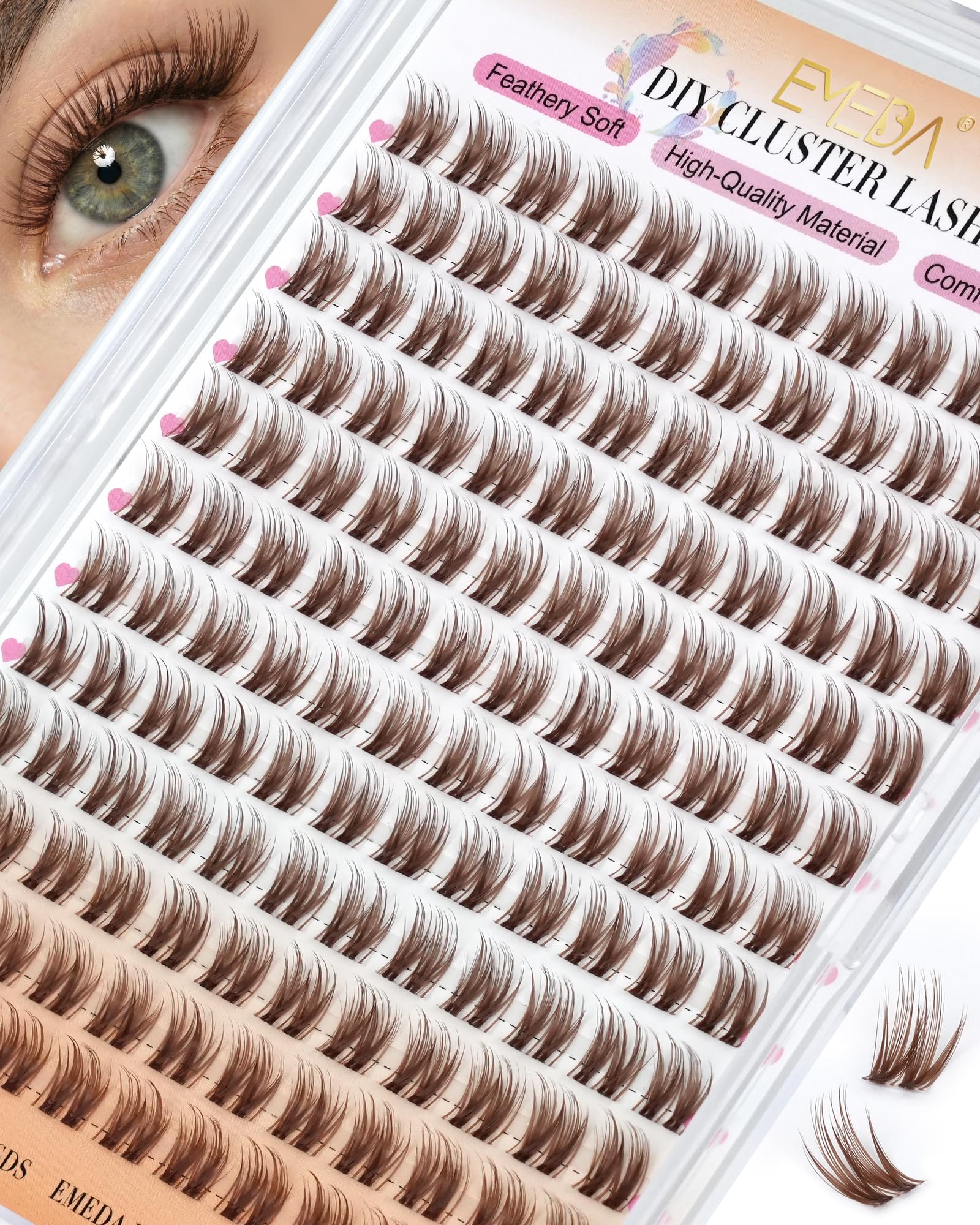 EMEDA Braune Cluster Wimpern 10mm Natürliche Individuelle Wimpern Wispy DIY Wimpernverlängerung für zu Hause D Curl Wimperncluster mit transparentem Band Flauschige Wimperncluster