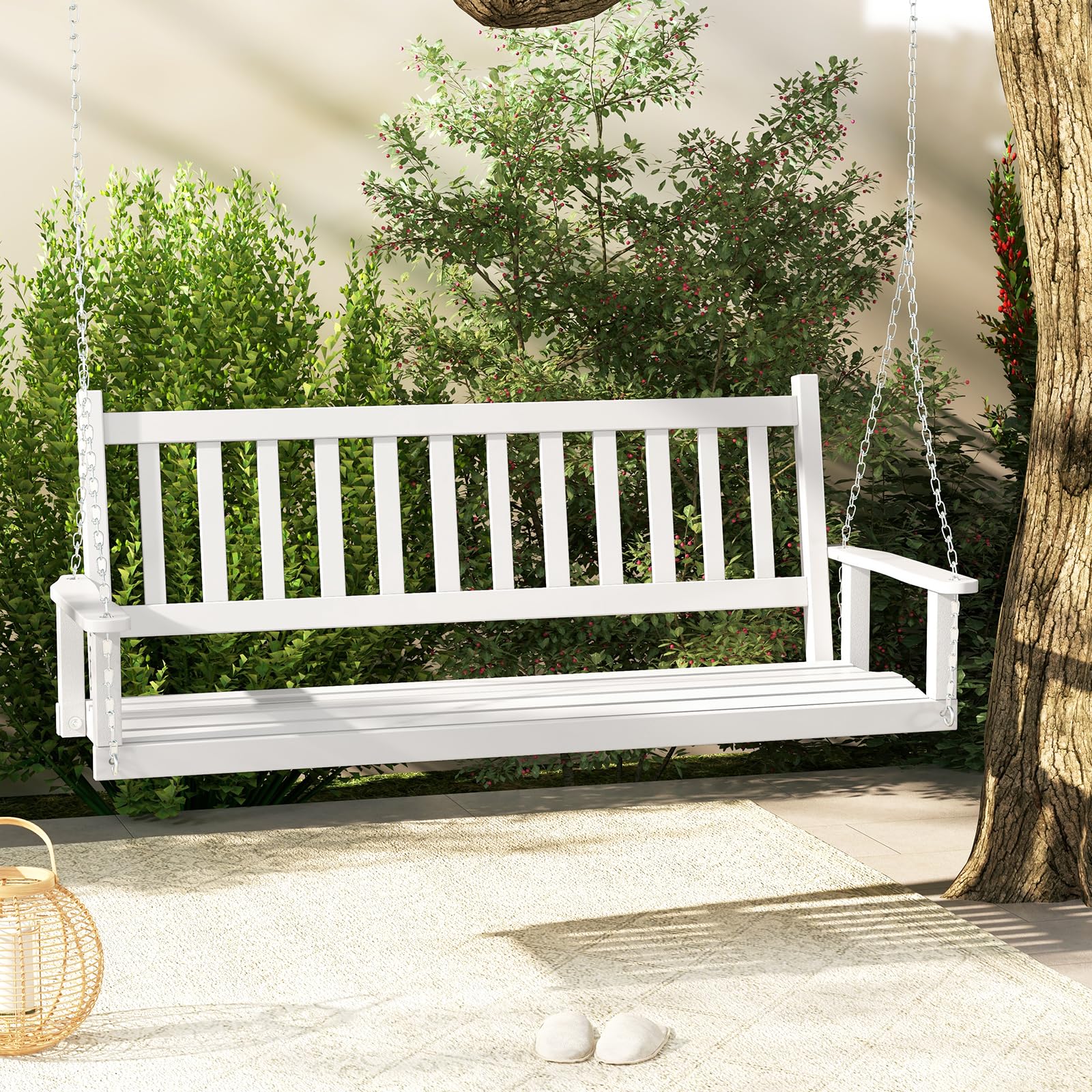 KOMFOTTEU Hängebank aus Pappelholz, 2-3-Sitzer Schaukelbank mit verstellbaren Metallketten, Hängestuhl mit Rückenlehne aus Lamellen, Hollywoodschaukel für Garten (Weiß, 168x65x63 cm)